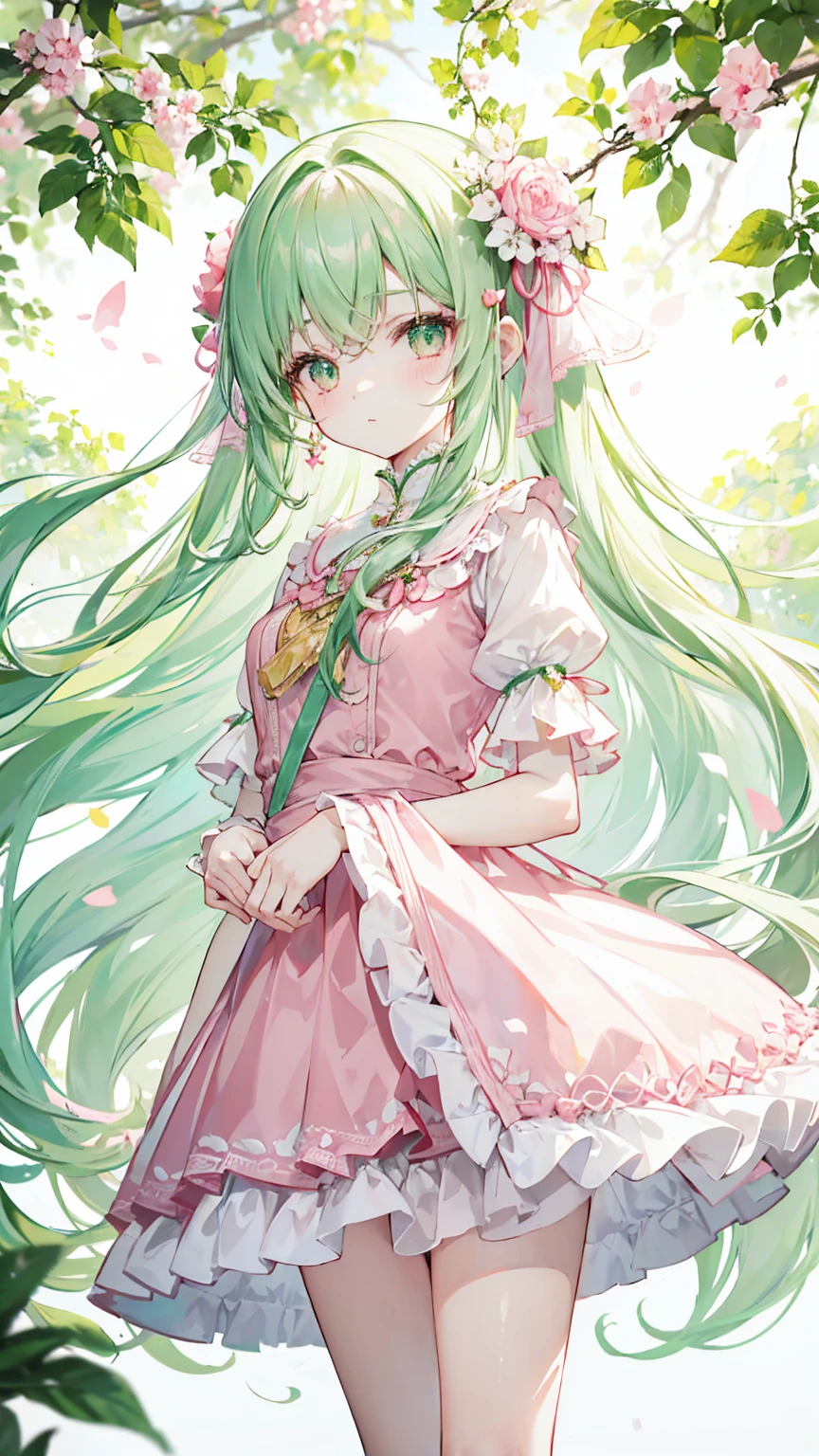 pale pink and white long hair,green, white and pink clothes,She's a cute and nice girl,Transfer to senior,It looks very light and gentle,wear