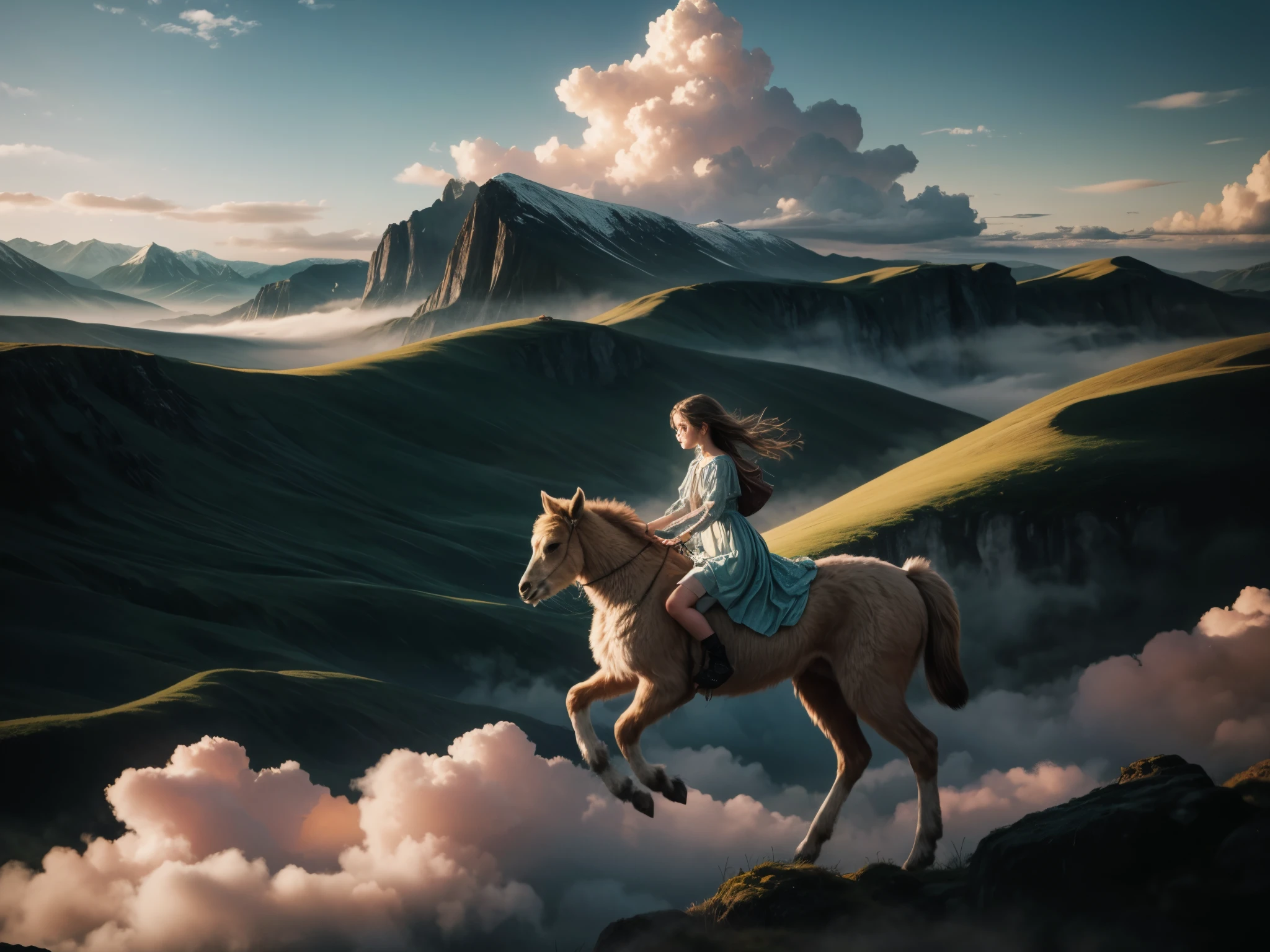 A girl riding an alpaca, flying in the sky, (best quality, 4k, highres, masterpiece:1.2) with a sense of adventure and freedom, surrealistic landscape, vibrant colors, dreamlike atmosphere, captivating surrealism, vividly detailed alpaca fur, ethereal clouds, beautiful detailed eyes, flowing golden hair, flowing dress, enchanted sky, magical lighting, floating sensation, surrealistic scenery, soft pastel hues, whimsical and imaginative, with a touch of fantasy, breathtaking scenery, distant mountains, a burst of sunlight, serene and peaceful, evoking a sense of awe and wonder, harmonious composition, gentle breeze, starry sky, infinite possibilities, dreamy and atmospheric.