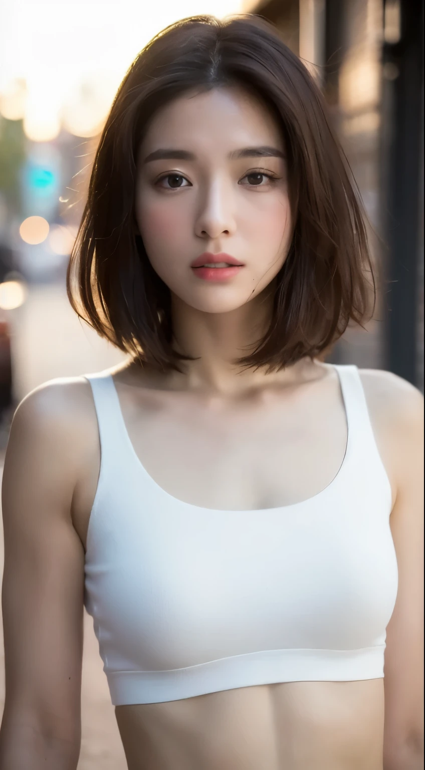 ((Realistic lighting, best quality, 8k, masterpiece: 1.3)), Be focused: 1.2, 1 Girl, Perfect body: 1.4, Slim abdominal muscles: 1.1, ((Dark brown hair)), (White short top: 1.4), (outdoor, night: 1.1), City Streets, super delicate face, Beautiful eyes, Double eyelids,
