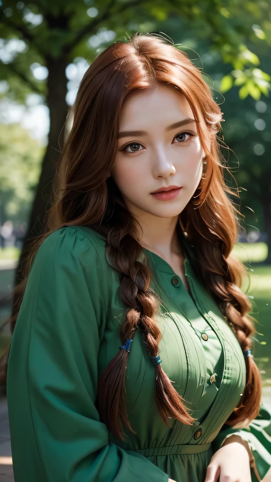hd, (The finest details) (最high quality), Girls in their 20s,Redhead woman with long red braided hair and a green dress taking a photo, Mature and gorgeous, Natural light and shadow、 (Detailed face), (Beautiful fine details), Dynamic pose), masterpiece, 最high quality, high quality, High resolution, (Face close-up)、In the park on a moonlit night、(clothing_random)