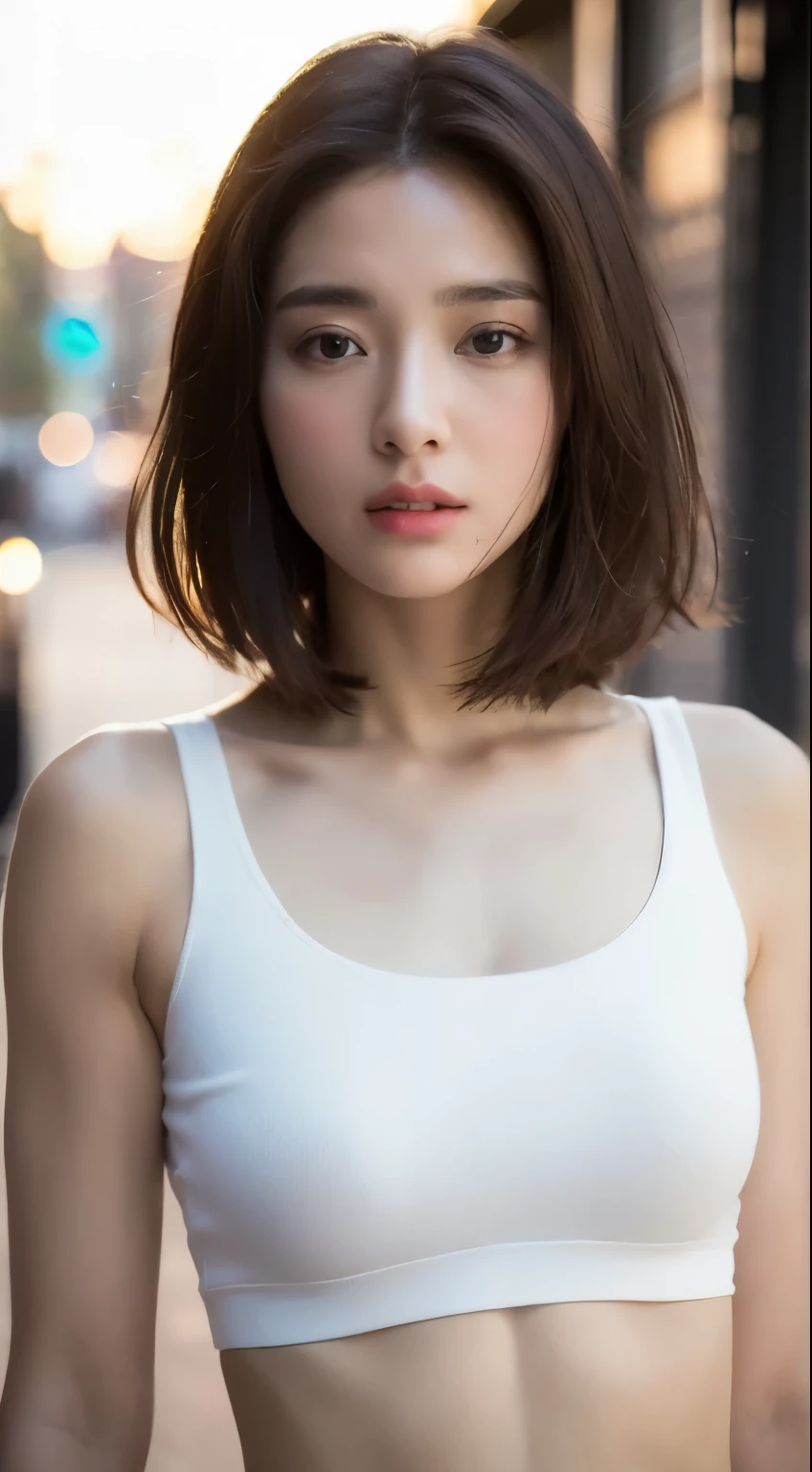 ((Realistic lighting, best quality, 8k, masterpiece: 1.3)), Be focused: 1.2, 1 Girl, Perfect body: 1.4, Slim abdominal muscles: 1.1, ((Dark brown hair)), (White short top: 1.4), (outdoor, night: 1.1), City Streets, super delicate face, Beautiful eyes, Double eyelids,