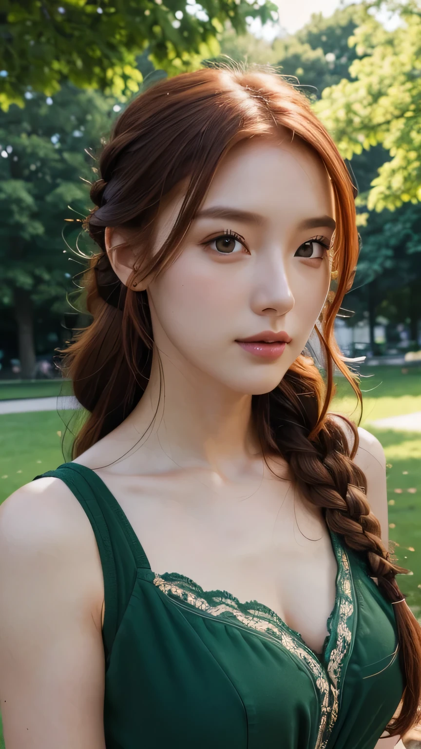 hd, (The finest details) (最high quality), Girls in their 20s,Redhead woman with long red braided hair and a green dress taking a photo, Mature and gorgeous, Natural light and shadow、 (Detailed face), (Beautiful fine details), Dynamic pose), masterpiece, 最high quality, high quality, High resolution, (Face close-up)、In the park on a moonlit night、