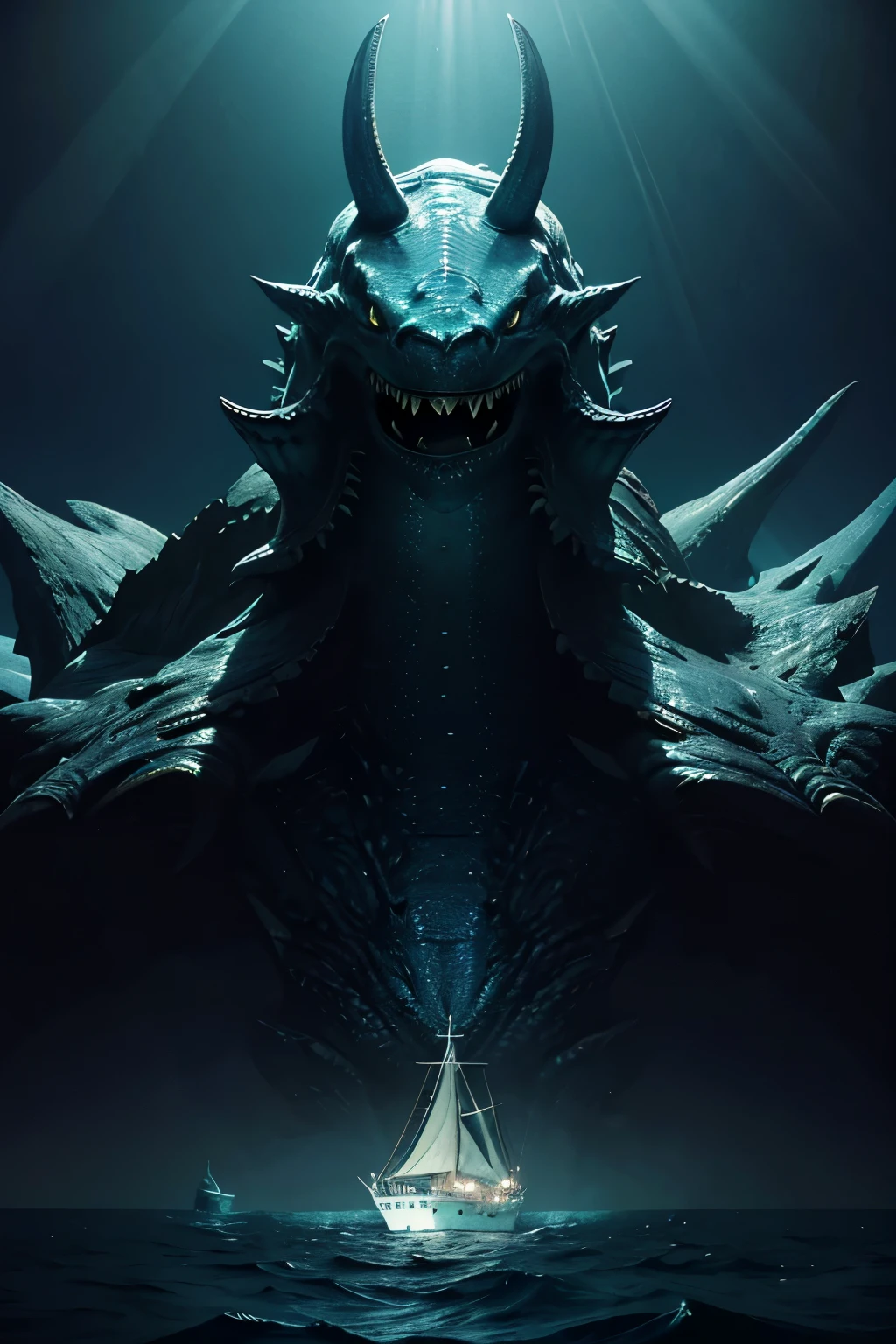 Leviathan, with its finely tuned teeth, is a gigantic creature, larger than any ship. Its resilient scales shimmer in the ocean's depths, reflecting the faint light seeping in from the surface. This majestic being, greater than any vessel, makes its home in the vast expanse of the sea.