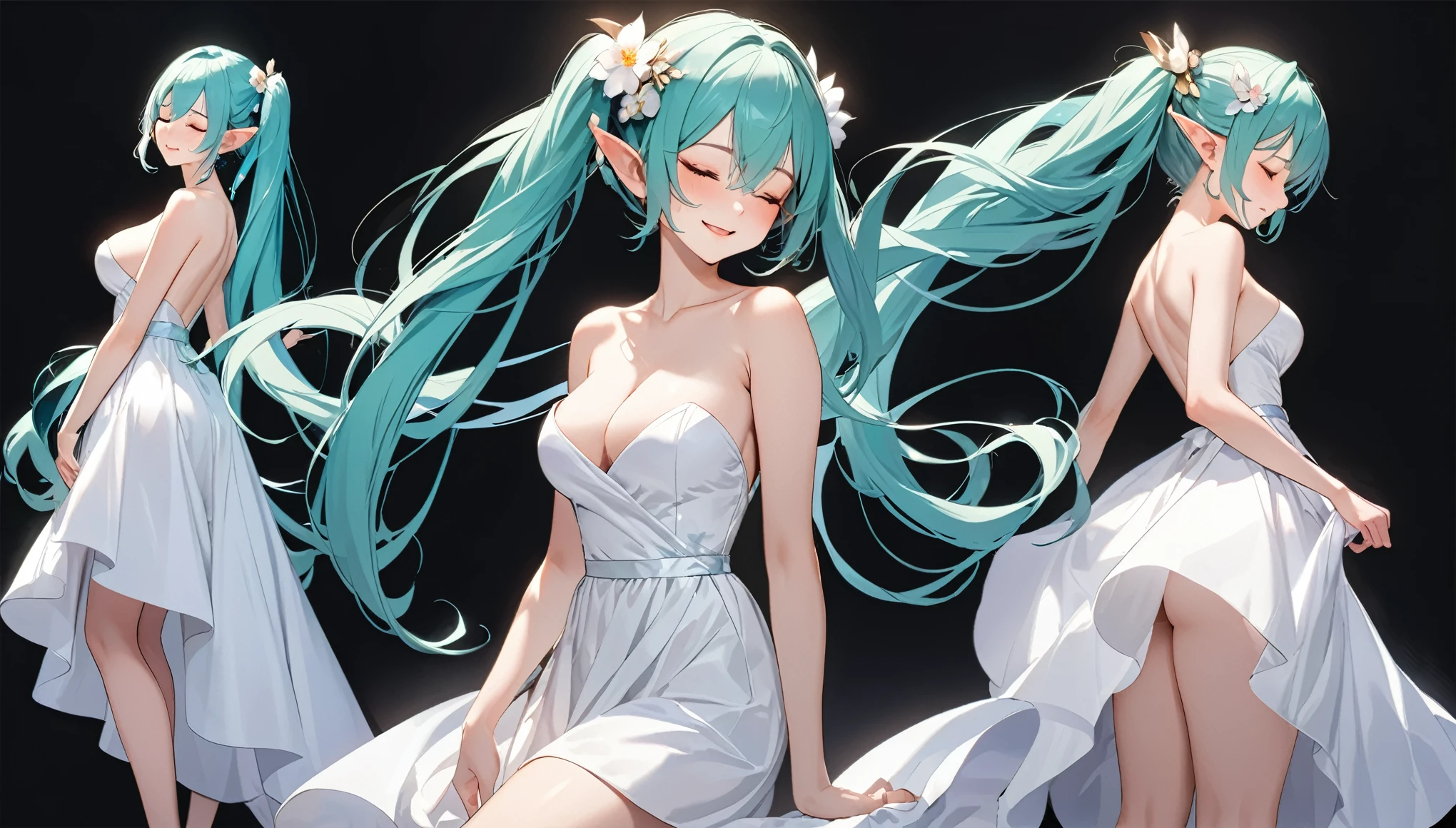 (masterpiece, highest resolution,highest quality ), 1 elven girl, ( bare breasts, thigh),  (aqua hair, twin tails ,very long hair , floating hair ), full body, hand on hip ,hair between eyes, multi colored hair, hair flower ornament ,(blush, smile, close  eyes), close mouth, party dress,  white dress , strapless dress, (Open the front of the  dress chest very wide), large breasts, pointed ears, ((simple background,  black background))