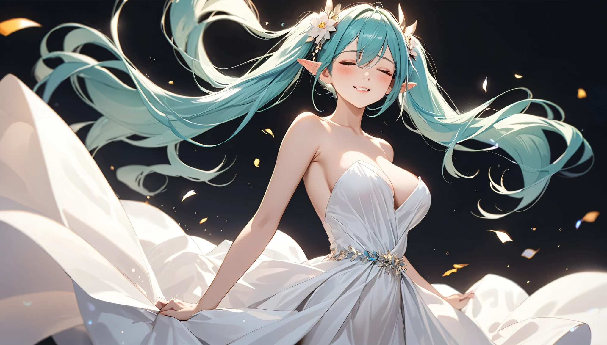(masterpiece, highest resolution,highest quality ), 1 elven girl, ( bare , thigh), (aqua hair, twin tails ,very long hair , floating hair ), full body, hand on hip ,hair between eyes, multi colored hair, hair flower ornament ,(blush, smile, close eyes), close mouth, party d white dress , strapless dress, (Open the front of the dress chest very wide), large breasts, poirs, ((simple background, black background))