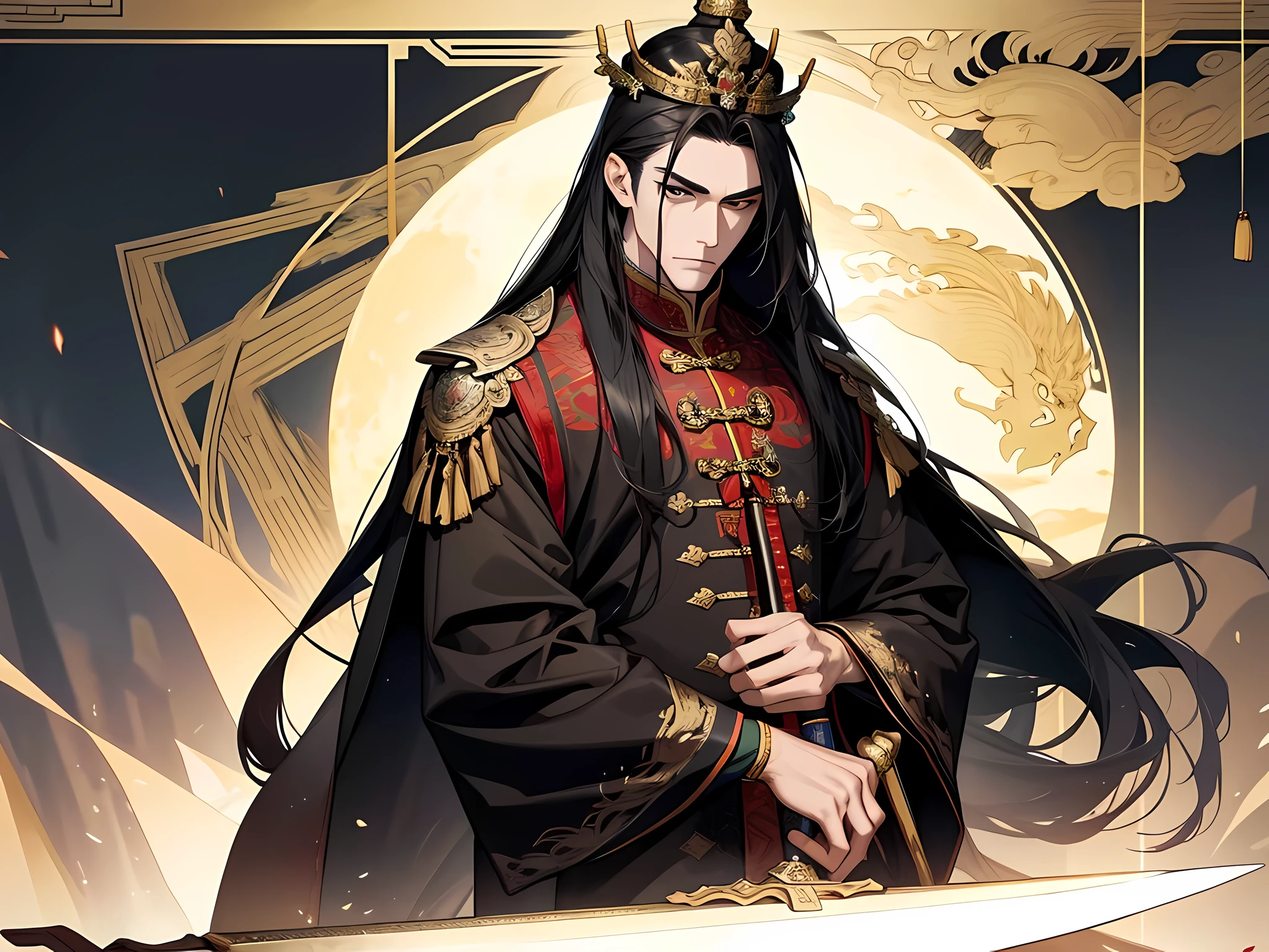 Masterpiece, best, night, full moon, 1 person, mature man, ancient China, Chinese court, eagle, black hair, black eyes, split hair, long hair, long bangs, handsome, face carving, Chinese crown, handsome, masculine, Serious, gentle, tall, calm, black and gold, gold pattern, dragon pattern, prince, sword match, profile, facial features details, facial features exquisite, looking at viewer