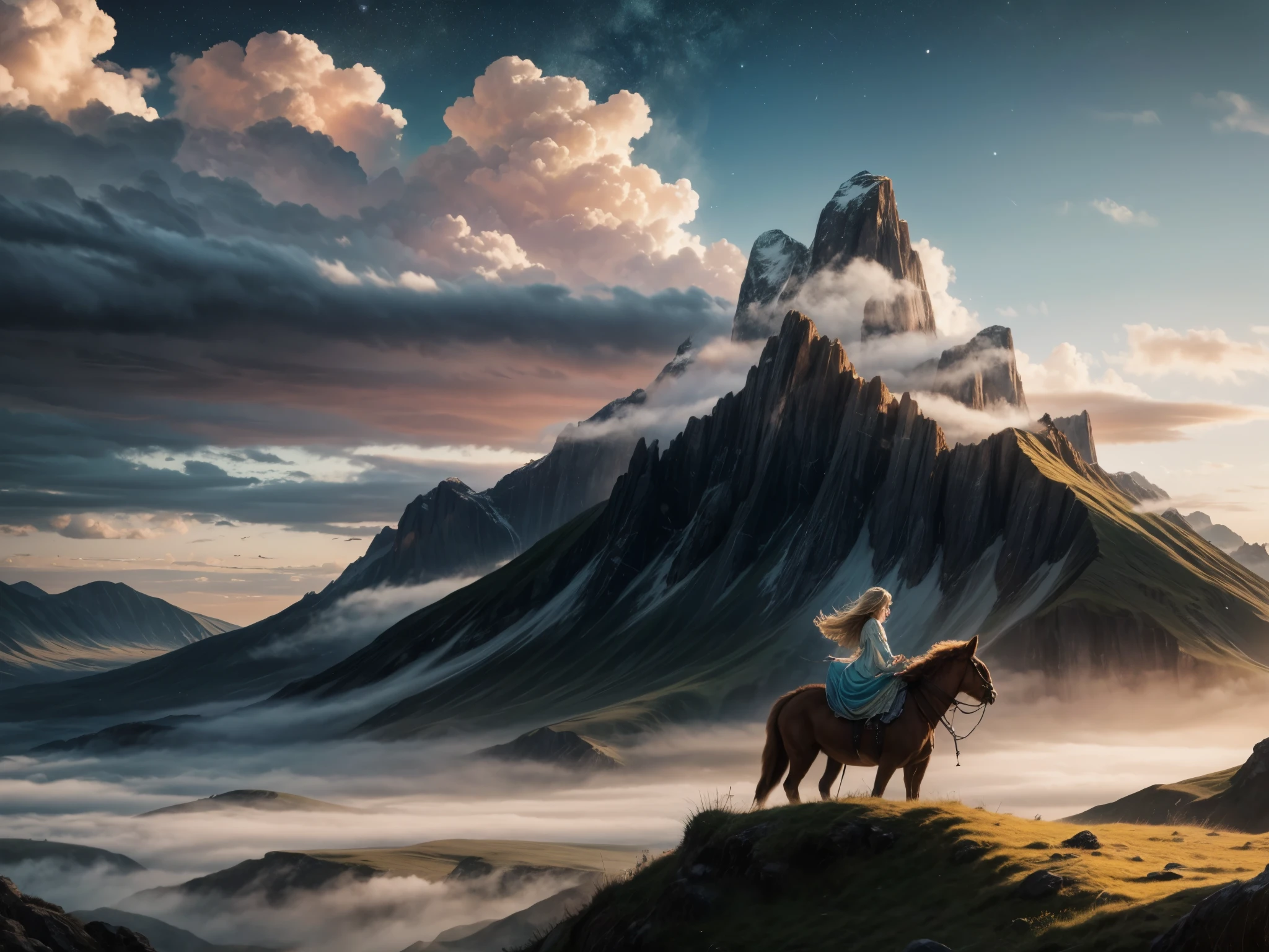 A girl riding an alpaca, flying in the sky, (best quality, 4k, highres, masterpiece:1.2) with a sense of adventure and freedom, surrealistic landscape, vibrant colors, dreamlike atmosphere, captivating surrealism, vividly detailed alpaca fur, ethereal clouds, beautiful detailed eyes, flowing golden hair, flowing dress, enchanted sky, magical lighting, floating sensation, surrealistic scenery, soft pastel hues, whimsical and imaginative, with a touch of fantasy, breathtaking scenery, distant mountains, a burst of sunlight, serene and peaceful, evoking a sense of awe and wonder, harmonious composition, gentle breeze, starry sky, infinite possibilities, dreamy and atmospheric.