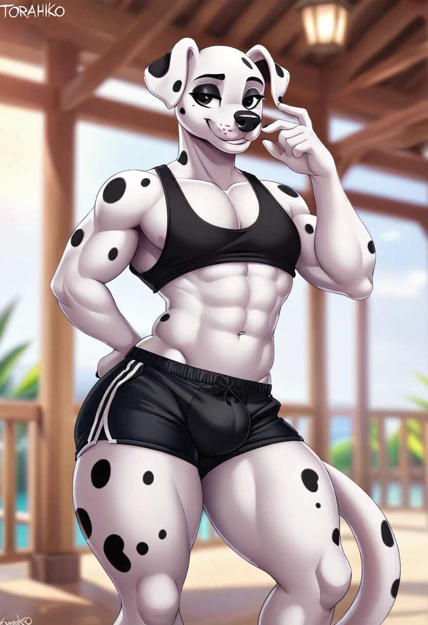 torahiko, solo, black eyes, muscular, dalmatian tail, bara, (pose:1.3), (posing:1.3), (soft shading), 4k, hi res, five fingers, detailed hands, ((detailed cartoonyface, (detailed eyes:1.0), detailed)), (full body), by zackarry911, by zaush, (by personalami:0.5), solo, looking at viewer, smile, short hair, 1boy, male focus, thighs, one eye closed, shorts, feet out of frame, thick thighs, tank top, black shorts, bulge, pectoral cleavage, sidepec
INFO
Size
2272X4096
Date
Sep 30, 2023
Mode