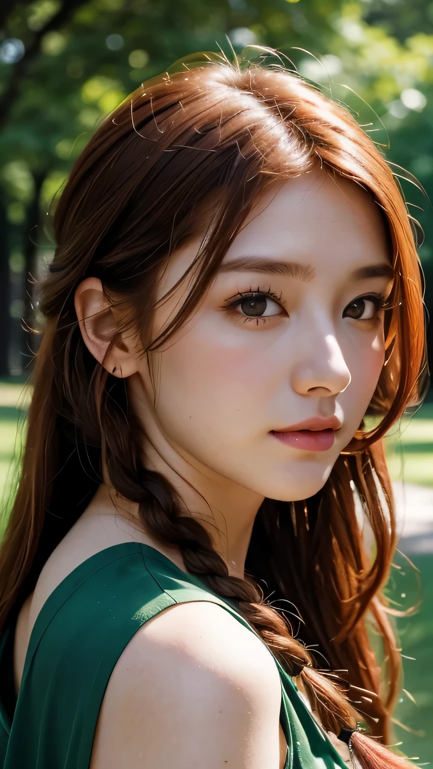 hd, (The finest details) (最high quality), Girls in their 20s,Redhead woman with long red braided hair and a green dress taking a photo, Mature and gorgeous, Natural light and shadow、 (Detailed face), (Beautiful fine details), Dynamic pose), masterpiece, 最high quality, high quality, High resolution, (Face close-up)、In the park on a moonlit night、