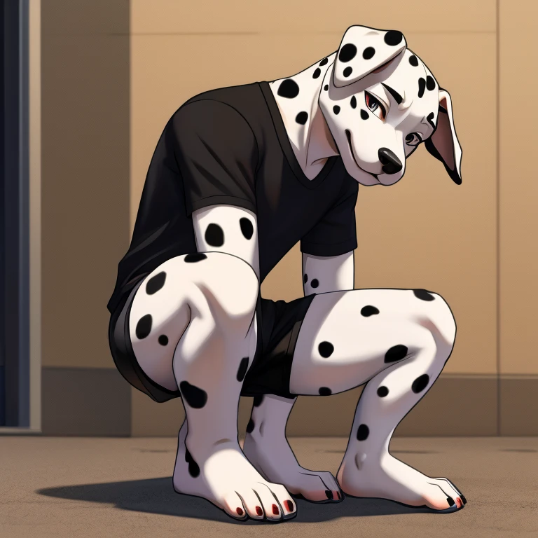 A Dalmatian wearing black shorts and squatting down