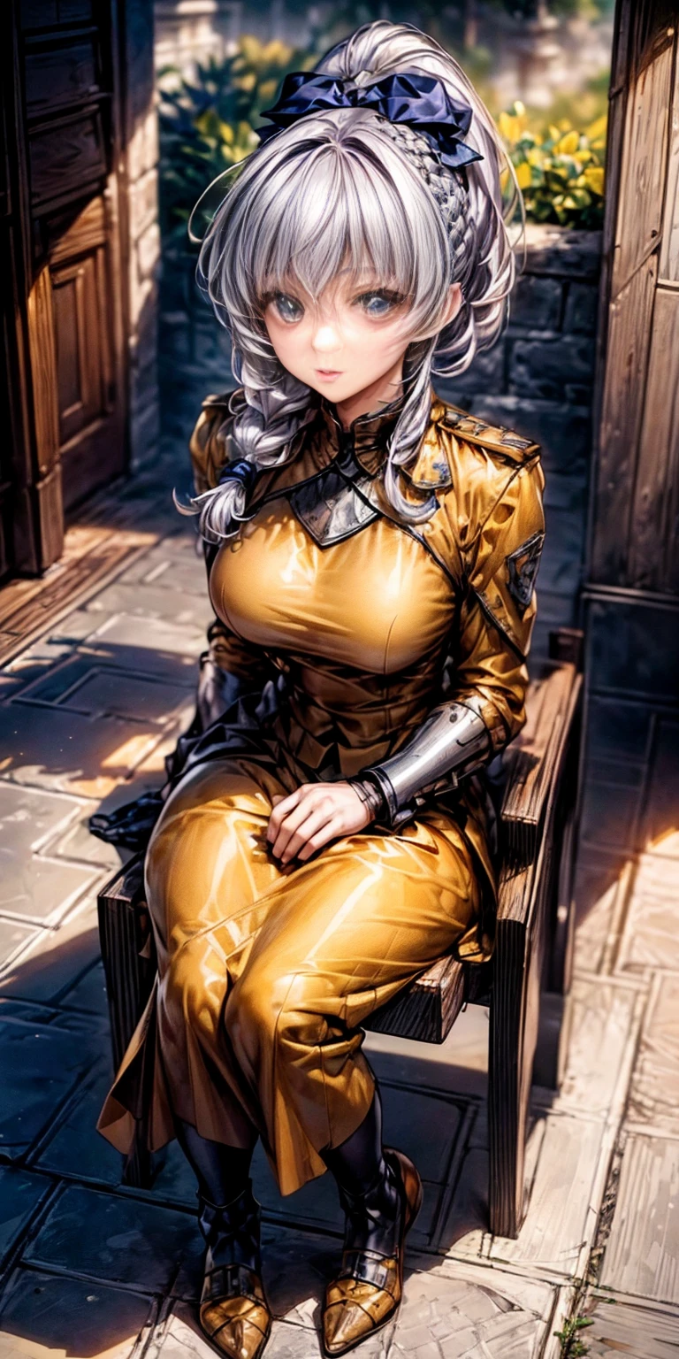 (masterpiece),(best quality),(ultra-detailed), (full body:1.2), cute, cubby, ponytail, full body, chibi,pvc, best quality, 1girl, solo, dark armored dress, dark sword,dark gauntlets, (sitting on carpet), (in garden), hair between eyes, black dress, breastplate, black armor, bangs, french braid, parted lips, puffy sleeves, long sleeves, short hair,( (beautiful detailed face), (beautiful detailed eyes) (Teletha Testarossa Full Metal Panic)