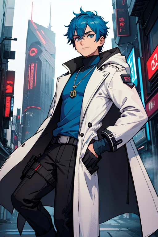 male, brownish tan short hair, blue eyes, (((1boy))), (((white cyberpunk coat with blue trim))), (black long sleeve v-neck t-shirt), (necklace with dragon head pendant), (black pants with blue trim), (black white cybernetic boots), (black fingerless gloves), long legs, smiling, single person