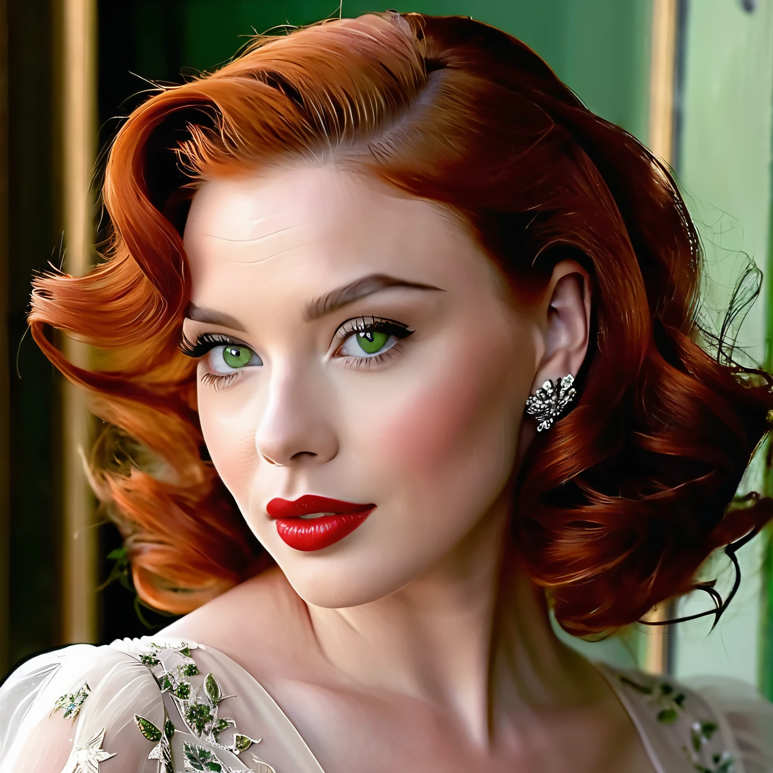 Photorealistic 1960’s housewife with luscious red hair