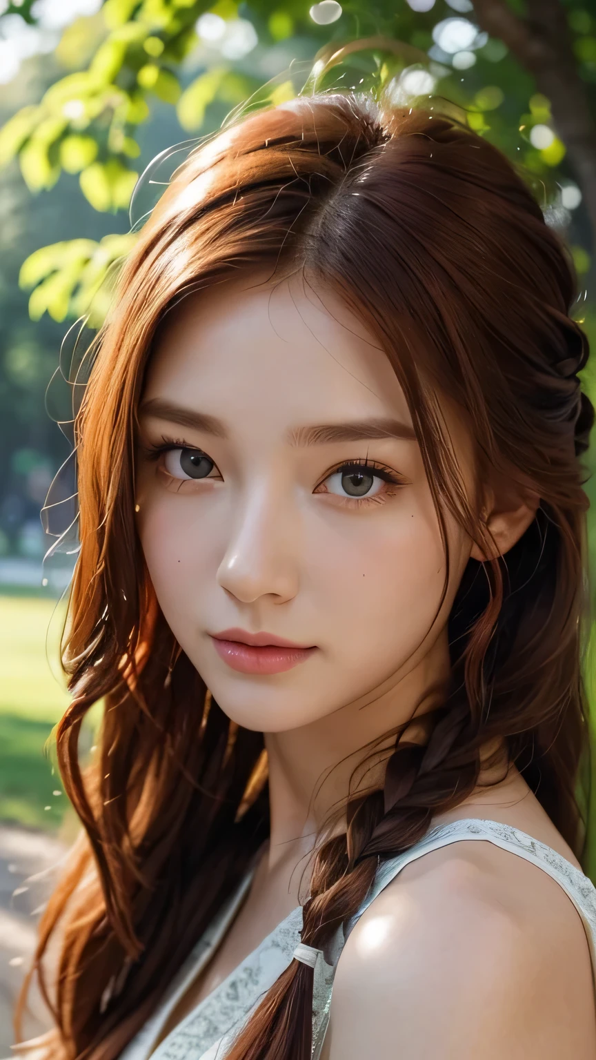 hd, (The finest details) (最high quality), Girls in their 20s,Redhead woman with long red braided hair and a green dress taking a photo, Mature and gorgeous, Natural light and shadow、 (Detailed face), (Beautiful fine details), Dynamic pose), masterpiece, 最high quality, high quality, High resolution, (Face close-up)、In the park on a moonlit night、