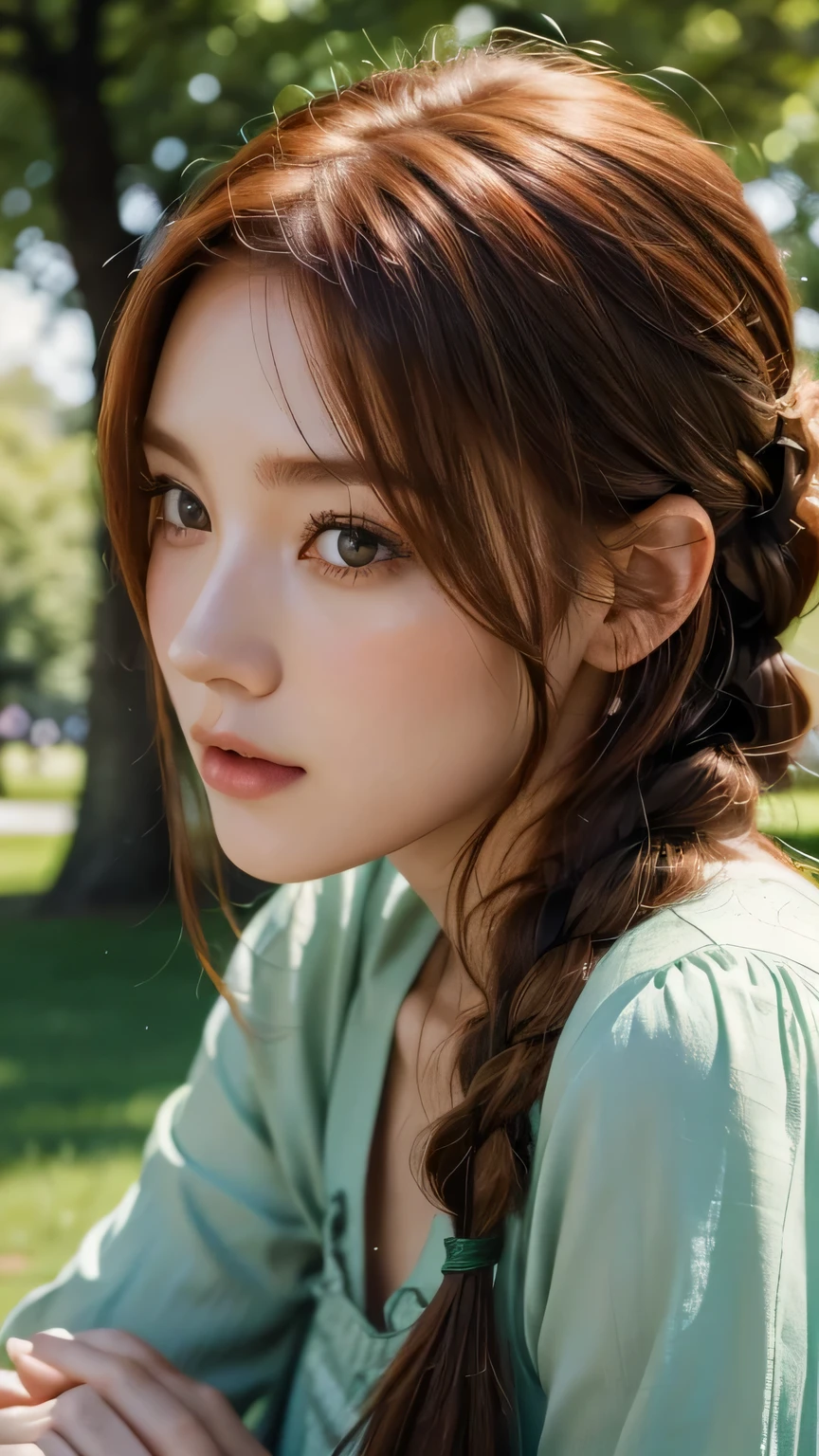 hd, (The finest details) (最high quality), Girls in their 20s,Redhead woman with long red braided hair and a green dress taking a photo, Mature and gorgeous, Natural light and shadow､ (Detailed face), (Beautiful fine details), Dynamic pose), masterpiece, 最high quality, high quality, High resolution, (Face close-up)､In the park on a moonlit night､