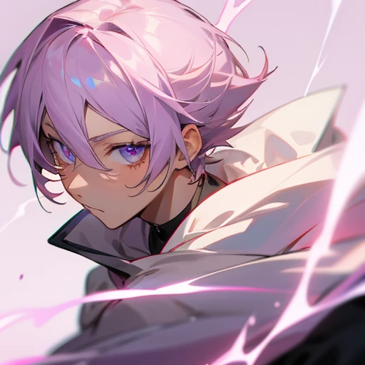 Anime boy with light lilac hair and coral eyes
