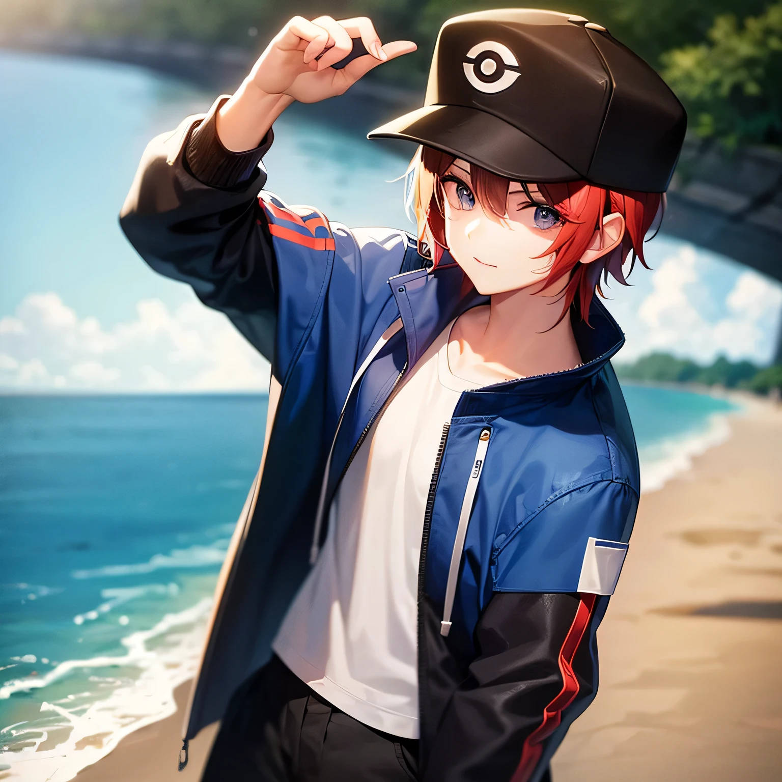 score_9, score_8_up, best quality, masterpiece, very detailed, high resolution, sharp, sharp image, detailed background, men, male, yellow jacket, black baseball hat, blue shorts, red hair, pokemon trainer