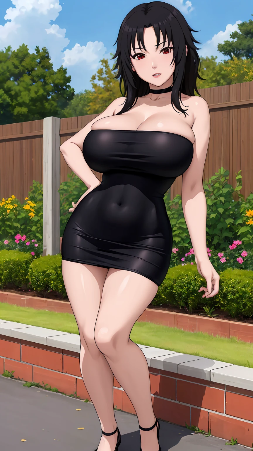 masterpiece, ultra high-quality, extremely detail 8k cg, high resolution, 1girl, kurenai yuhi, black hair, red eyes, thin body, huge breasts, bursting breasts, strapless shorttubedress, choker, beautiful face, outdoors, garden, full shot photo, full body