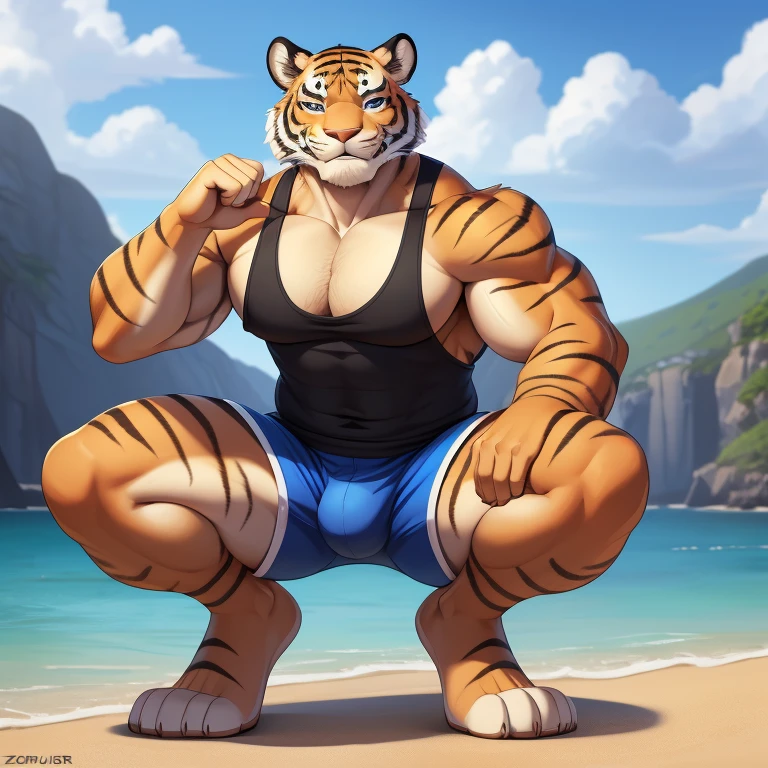 torahiko, solo, blue eyes, muscular, tiger tail, bara, (pose:1.5), (posing:1.2), (soft shading), 4k, hi res, five fingers, detailed hands, ((detailed cartoon face, (detailed eyes:1.0), detailed)), (full body), by Oliver Dugger , by zaush, (by personalami:0.5), solo, looking at viewer, big smile, short hair, 1boy, male focus, thighs, one eye closed, shorts, feet out of frame, thick thighs, tank top, squatting, blue shorts, bulge, pectoral cleavage, sidepec
INFO
Size
2272X4096
Date
Sep 30, 2023
Mode