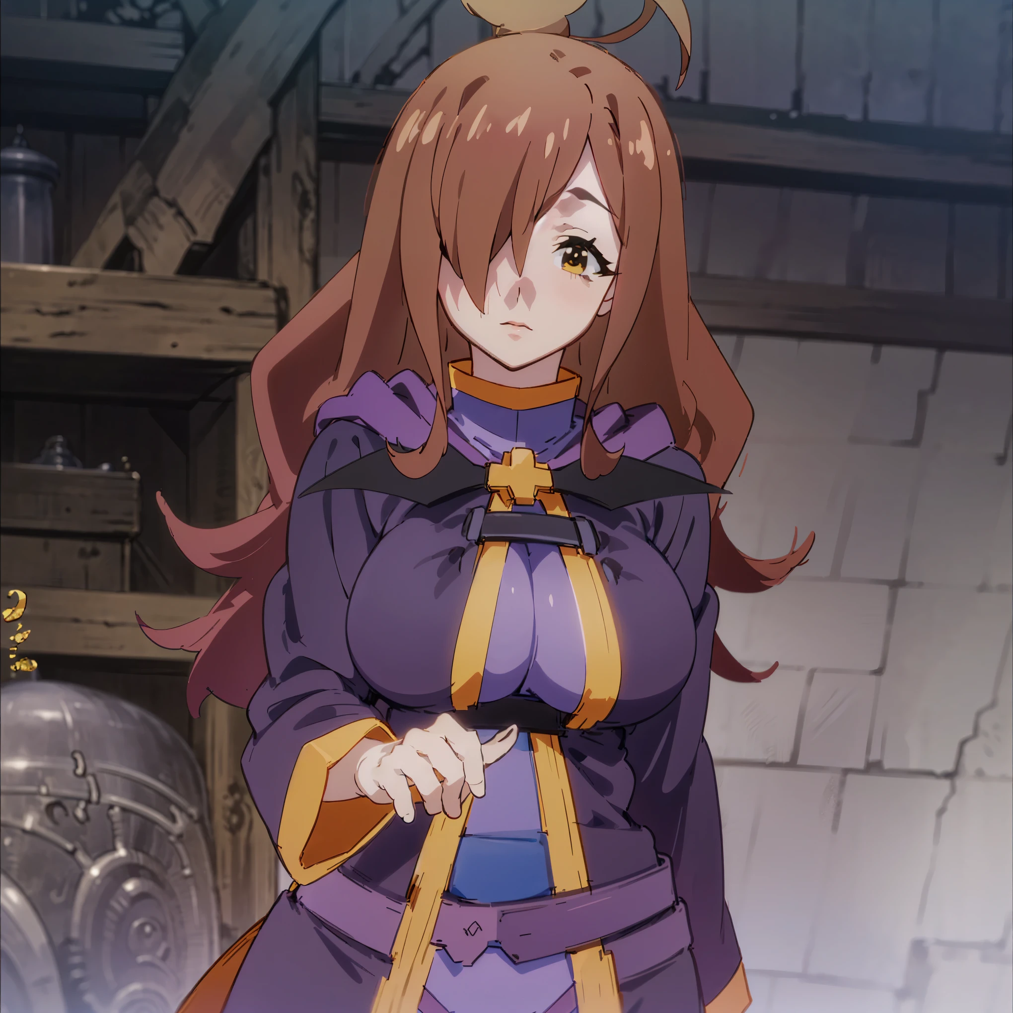 (Wiz {from "Konosuba" anime}), purple robes, ((background: iten shop)), brown hair, brown eyes, hair over right eye. (expression: light smile), best quality, detailed, 2k, linear, consistent, huge breasts, (breasts size): 5.5 , (pose: arms behind back)