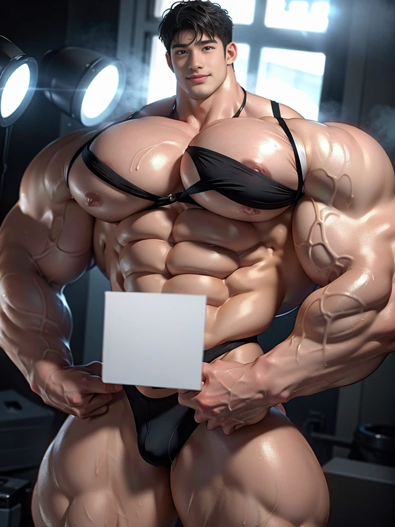 (best quality:1.5, hyperrealistic:1.5, photorealistic:1.4, madly detailed CG unity 8k wallpaper:1.5, masterpiece:1.3, enthusiastically detailed photo:1.2), (hyper-realistic lifelike texture:1.4), highly detailed, ((masterpiece, best quality)), ,extremely detailed 8K wallpaper, 1 korean male, (korean man with k-pop idol look), 20yo, handsome, detailed face, cross hand, heavy muscular, wet, naked, stubble, underwear, prominent bulge, photo real, illuminating light, big, brutalmass, giant, muscular body, bulk, massive body, large size, smile, concert festival stage