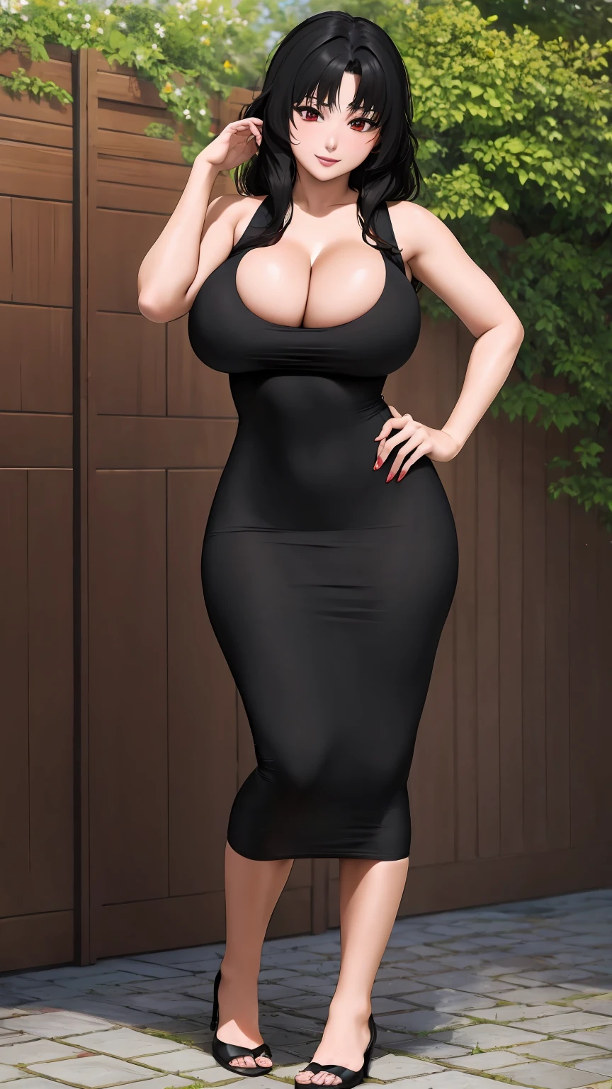 masterpiece, best quality, extremely detail 8k cg, high resolution, 1girl, kurenai yuhi, black hair, red eyes, slim body, huge breasts, bursting breasts, black tee shirt dress, sleeveless, cleavage, outdoors, garden, beautiful face, full shot photo, full body