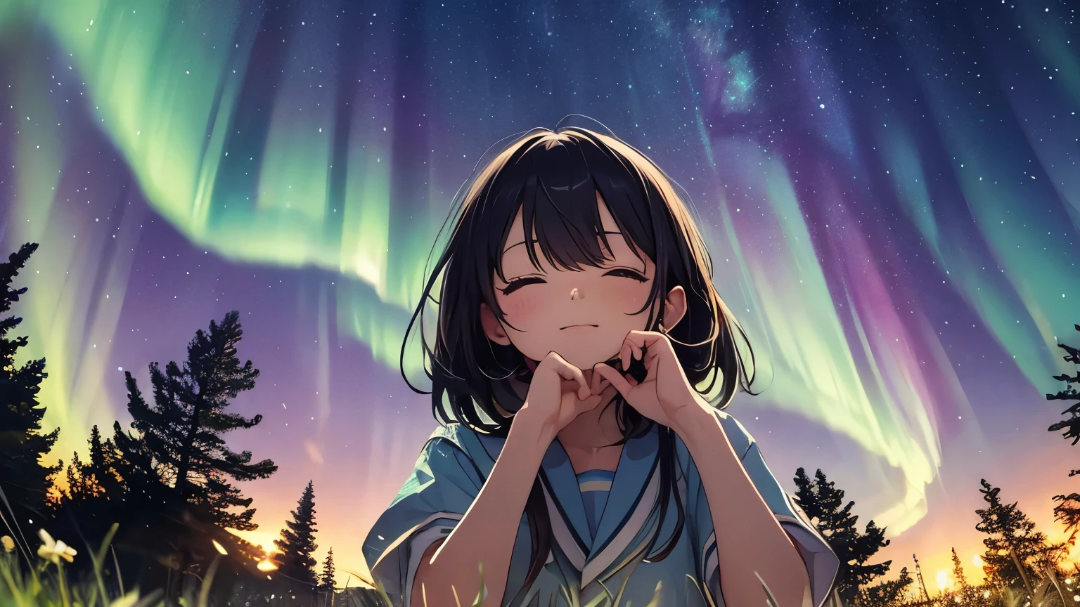 Under the starry sky and colorful aurora、Close your eyes on the grass、Girl with hands outstretched。