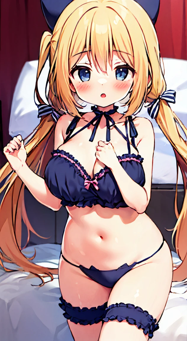 side tie panties,ribbon good, ribbon panties,cat bra, lace panties,twin tails,blush, full-face blush,masterpiece, highest quality, (anime screencap:1.3),(shape), cute,(simple:1), (anime:1.2),Solo Sharp Focus, 1 girl, cleavage,looking at the viewer,, Are standing,,(NSFW:1.2)room,bed,((pink color underwear)),big breasts,beautiful bust,beautiful hips,emphasize the chest,((cat lingerie))