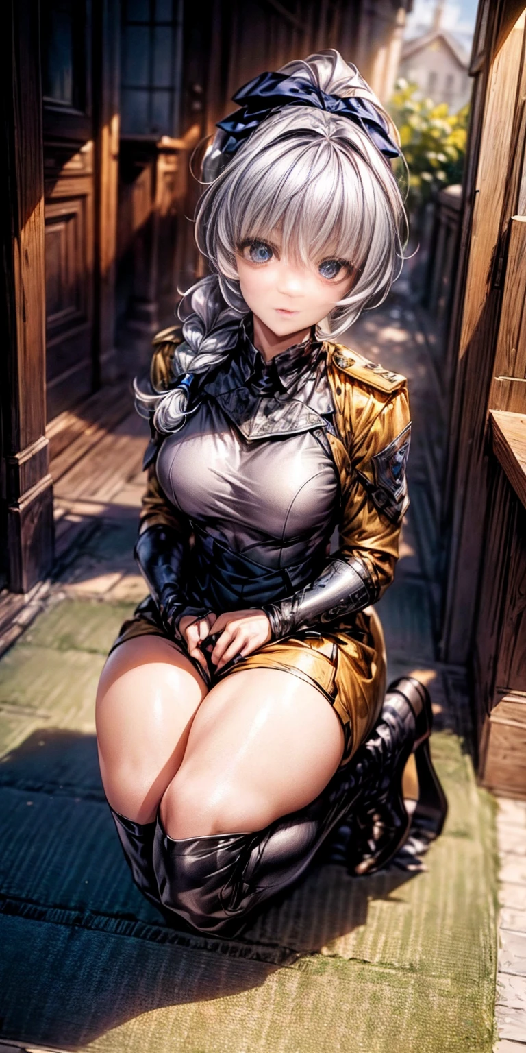 (masterpiece),(best quality),(ultra-detailed), (full body:1.2), cute, cubby, ponytail, full body, chibi,pvc, best quality, 1girl, solo, dark armored dress, dark sword,dark gauntlets, (sitting on carpet), (in garden), hair between eyes, black dress, breastplate, black armor, bangs, french braid, parted lips, puffy sleeves, long sleeves, short hair,( (beautiful detailed face), (beautiful detailed eyes) (Teletha Testarossa Full Metal Panic)