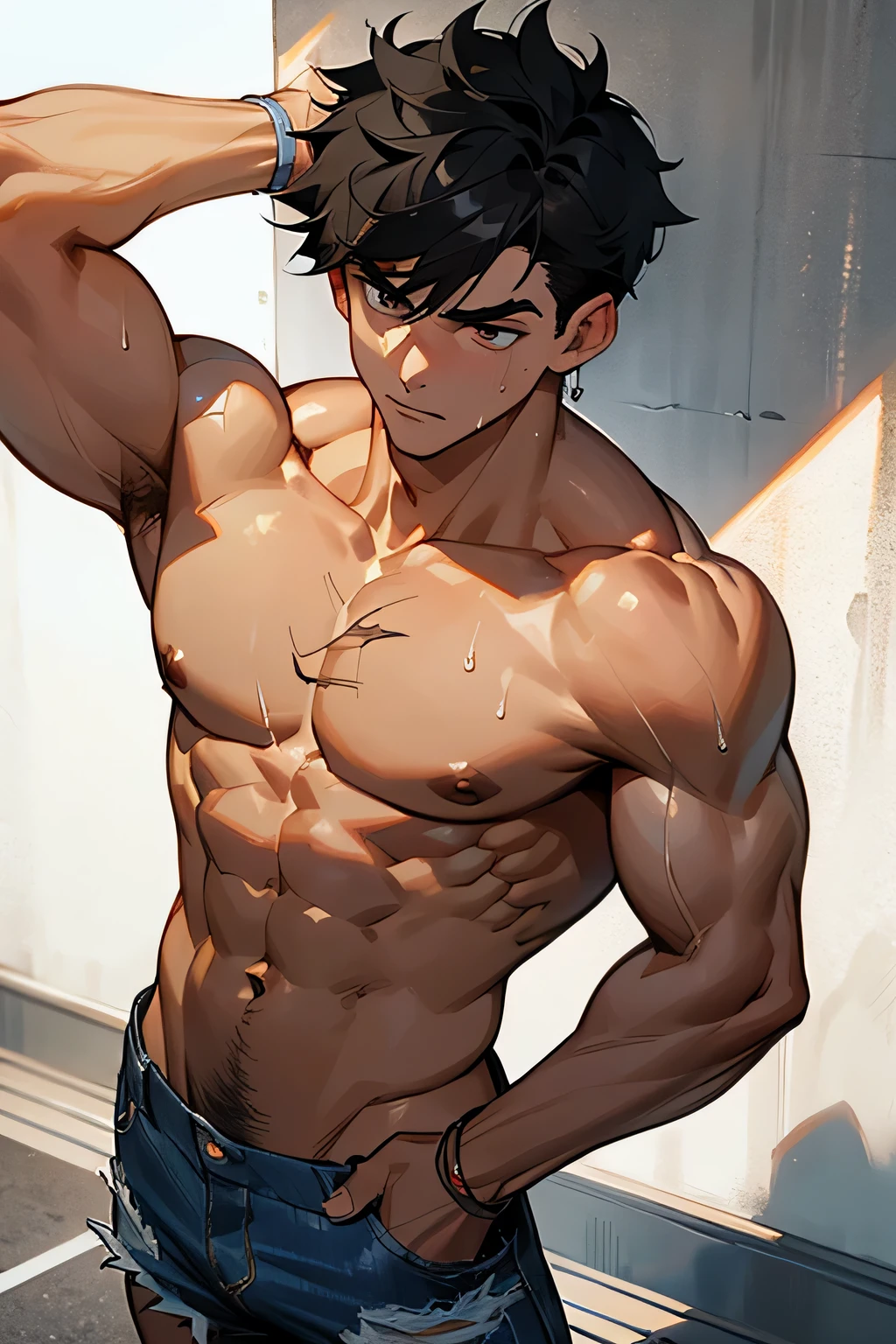 shirtless, super muscular, dripping with sweat, 22-year old short black hair handsome caucasian male wearing tattered jeans and sneakers, two hands at the back of the head showing underarms, shirtless in the street
