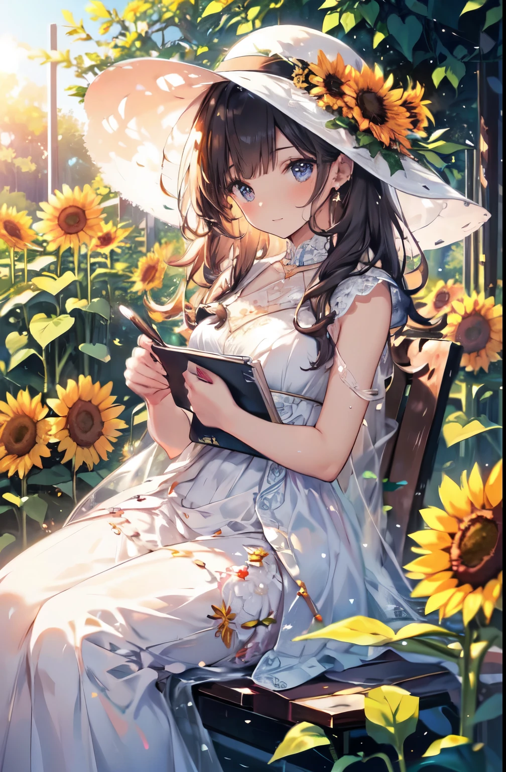 masterpiece, tranquil, young woman named Marwah, sunflower garden, vibrant blooms, white dress, sun-kissed, sketchbook, sunrise, gentle brushstrokes, engrossed, delicated hues, blending seamlessly.
This masterpiece showcases a tranquil scene of a young woman named Marwah. She is seated amidst a vibrant sunflower garden, where her white dress and sunhat blend seamlessly with the sun-kissed blooms. Marwah's eyes are focused on her sketchbook as she meticulously captures the delicate hues of a sunrise with gentle, yet precise brushstrokes