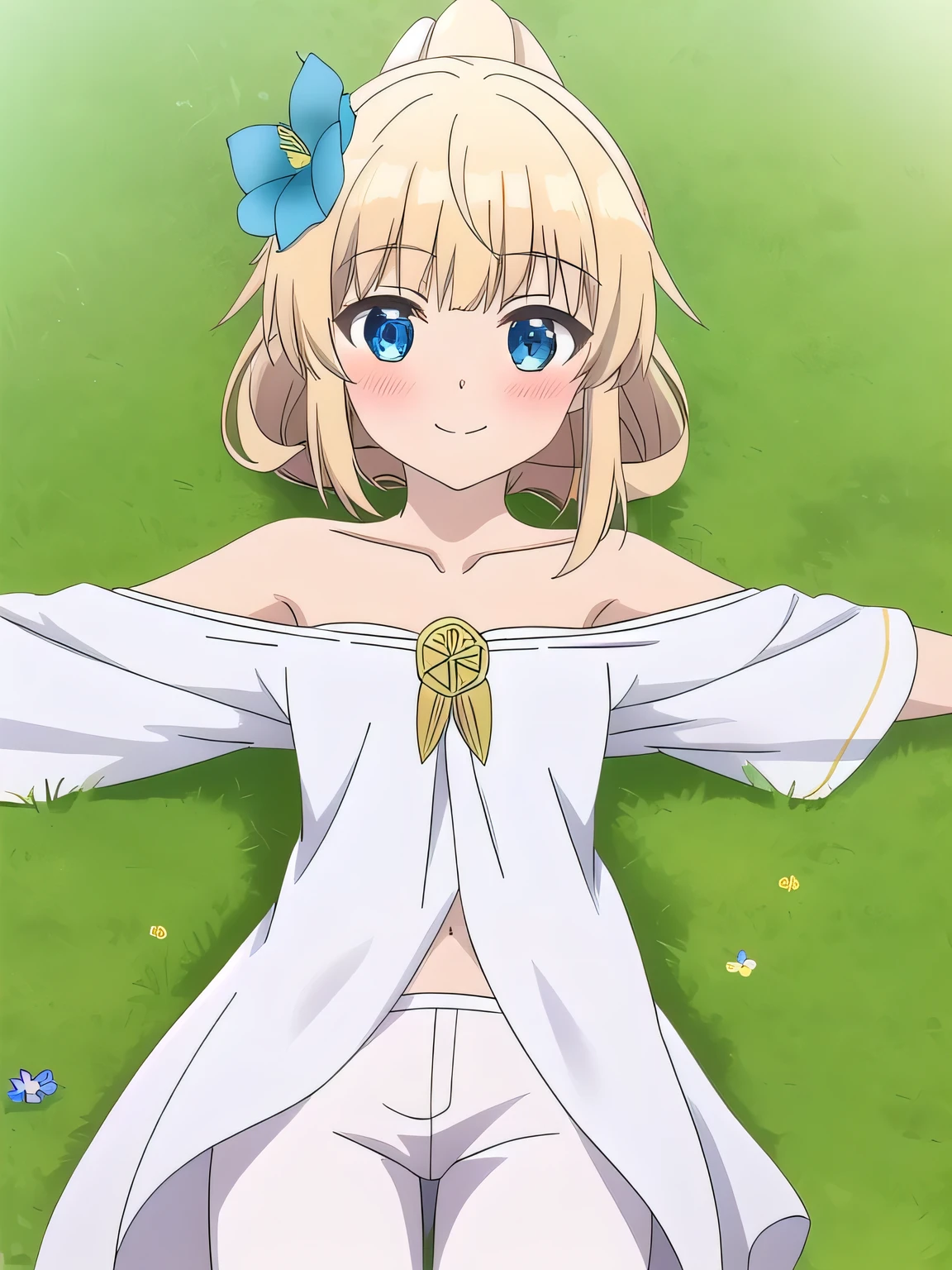 sora, anime art style, 1girl, solo, blush, bangs, blue_eyes, blonde_hair, hair_ornament, dress, bare_shoulders, collarbone, shy, ponytail, braid, flower, blushing, hair_flower, off_shoulder, white_pants, blue_flower, closed mouth, spread arms, on back, on grass, looking at viewer, solo, center, smile, blushing, (cowboy shot:1.5)