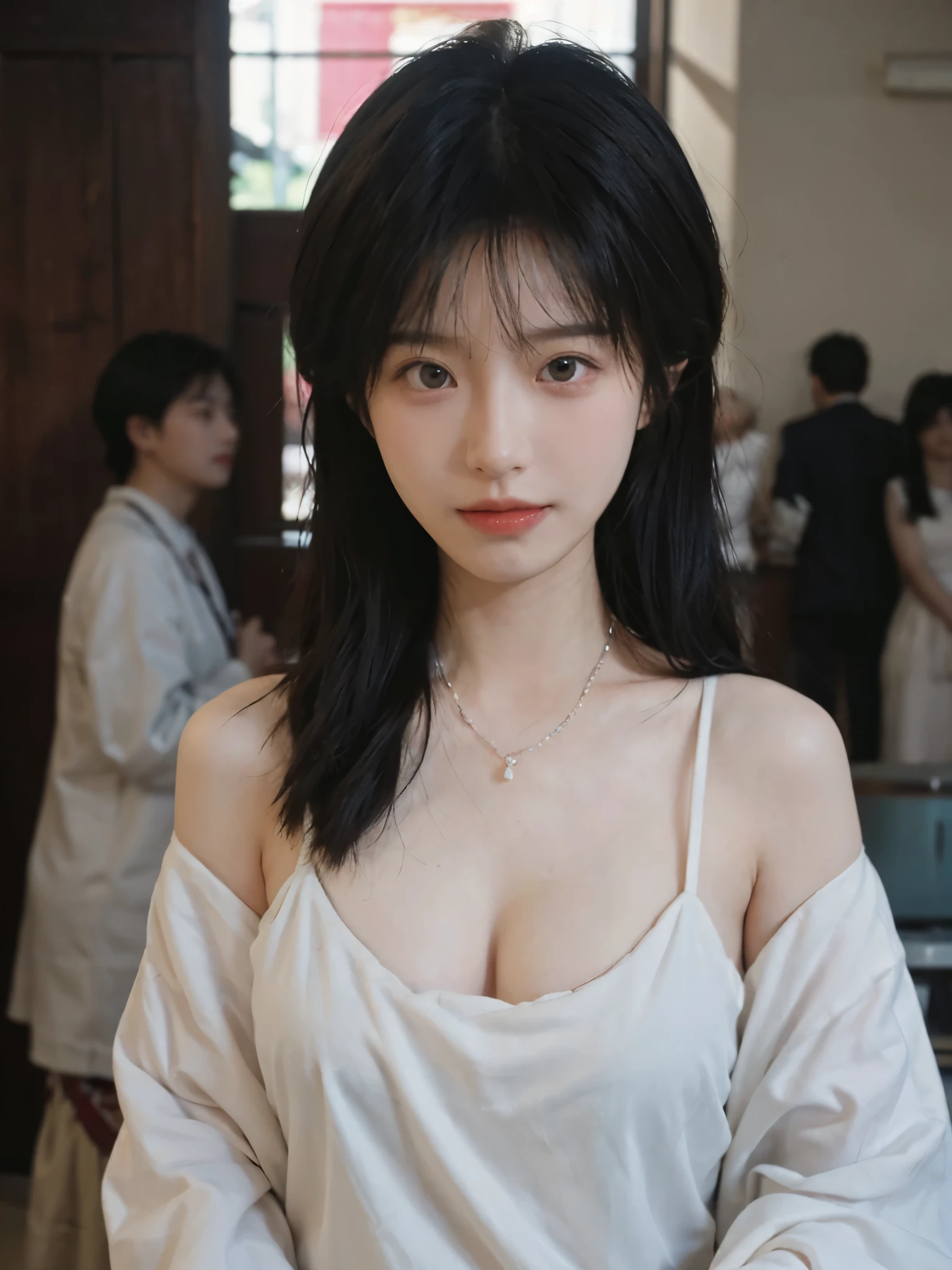 best quality， ultra high resolution， （realistically：1.4），cute hairpin，Baoyu Girl，Standing in the wedding hall，（flat chest：1.2） ，A pair of clear and charming peach blossom eyes,Royal sister，The sun shines on the face，Big wavy hairstyle，（necklace：1.2），（White skin：1.4），a sense of atmosphere，a beautiful girl，Looking directly at the viewer， Close-up cleavage ，(lifelike:1.4),1 girl,Sexy,(Upper body:1.4),(wet),(:1.2)