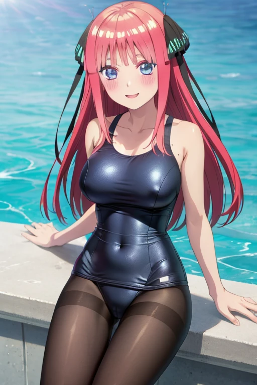 best quality, ultra-detailed masterpiece, anime art style, cute characters, nino nakano, one-piece swimsuit, large breasts, pantyhose, blush, smile