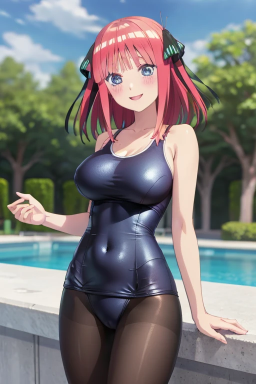 best quality, ultra-detailed masterpiece, anime art style, cute characters, nino nakano, one-piece swimsuit, large breasts, pantyhose, blush, smile