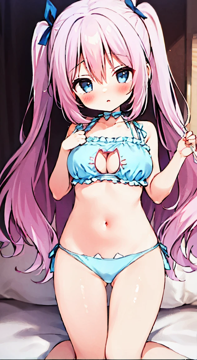 side tie panties,ribbon good, ribbon panties,cat bra, lace panties,twin tails,blush, full-face blush,masterpiece, highest quality, (anime screencap:1.3),(shape), cute,(simple:1), (anime:1.2),Solo Sharp Focus, 1 girl, cleavage,looking at the viewer,, Are standing,,(NSFW:1.2)room,bed,((pink color underwear)),big breasts,beautiful bust,beautiful hips,emphasize the chest,((cat lingerie))