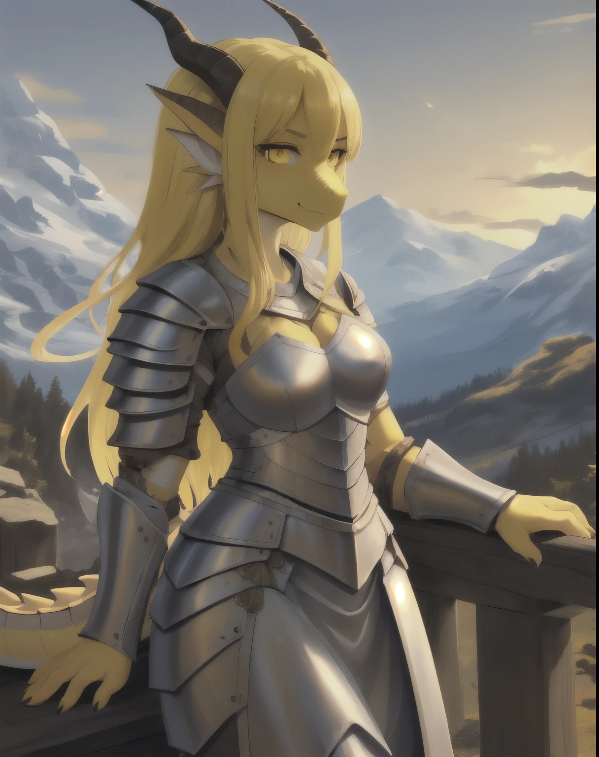 1girl, (Feminine), curvy body, solo, masterpiece, mountain, scenery, (dragon girl:1.2), dragon, yellow scales, yellow hair, dragon horns, dragon tail, yellow eyes, slit pupils, (scales, scalie:1.2), (wearing light medieval armor)