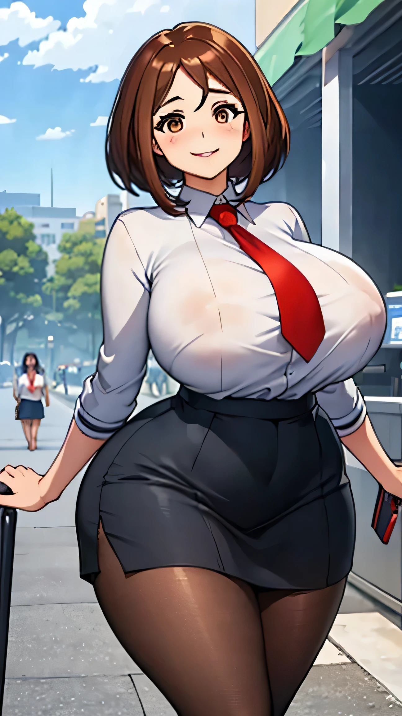 Ochako Uraraka, full body illustration, standing straight, front view, huge tits, curvy tits, plump body, curvy body, thick thighs, curvy thighs, tall woman, 1 woman, mature, short hair, brown hair, brown_eyes, expressive face, expressive eyes, plump belly, sexy belly, wide hips, curvy hips, long legs, curvy legs, long knees, long calves, hourglass body, perfect body, slightly big belly, big smile, naughty smile, gray  with white undershirt, black school skirt, red tie, long stockings, highly detailed clothing, highly detailed eyes, highly detailed mouth, secretary outfit, soft tits, soft thighs, bimbo's lips, dumb woman, mature face, sharp chin, sexy facial expression, tidy clothing, (((milf))), older woman, highly detailed pupils, bob haircut, long waist, long hip, plump lips, no nipples, blushing, asymmetrical body, no NSFW, butt lifting skirt