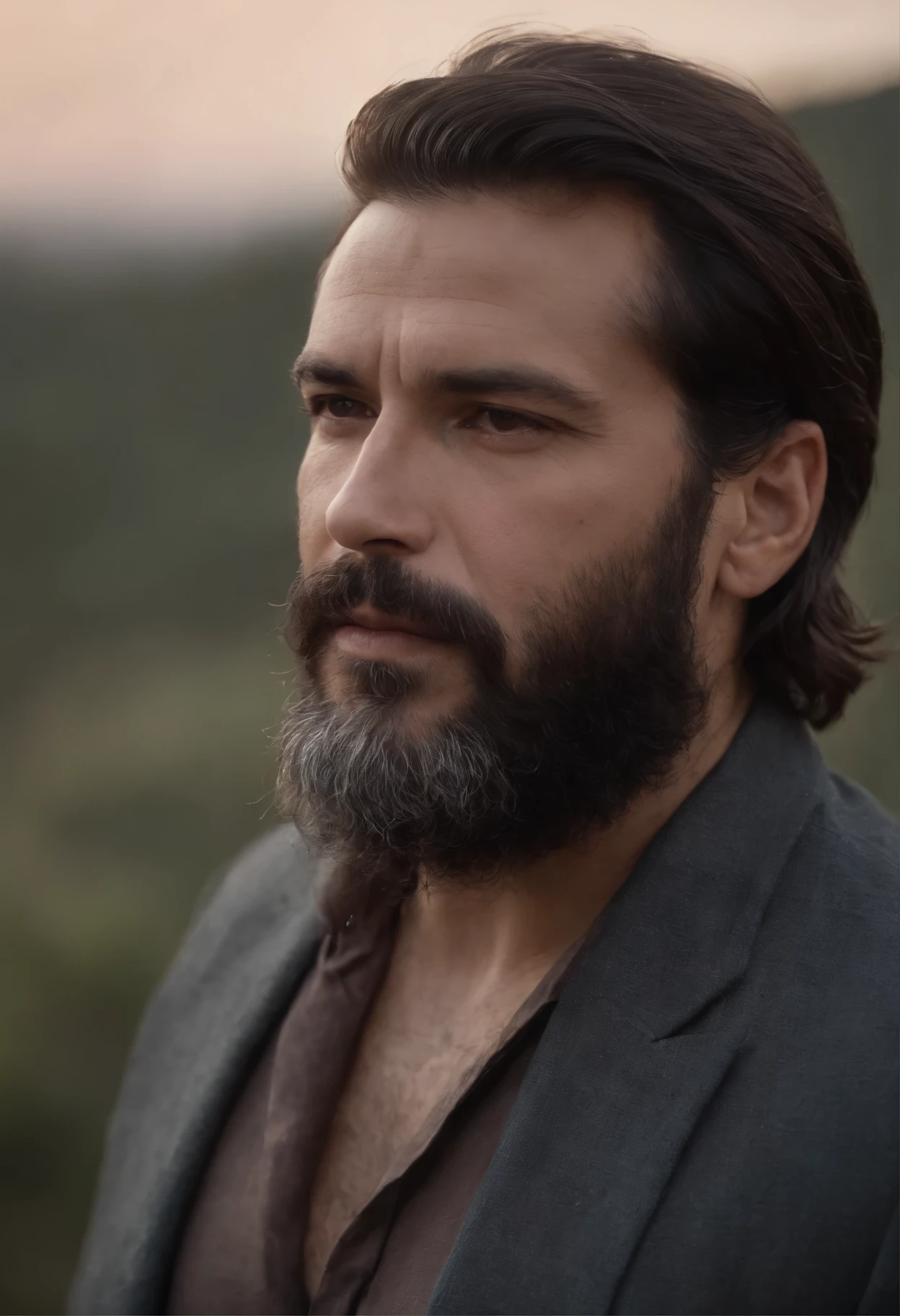 Enano guerrero estilo tierra media de barba y pelo rojo oscuro, de avanzada edad con cicatrices que muestren un aspecto rudo y cansancio
