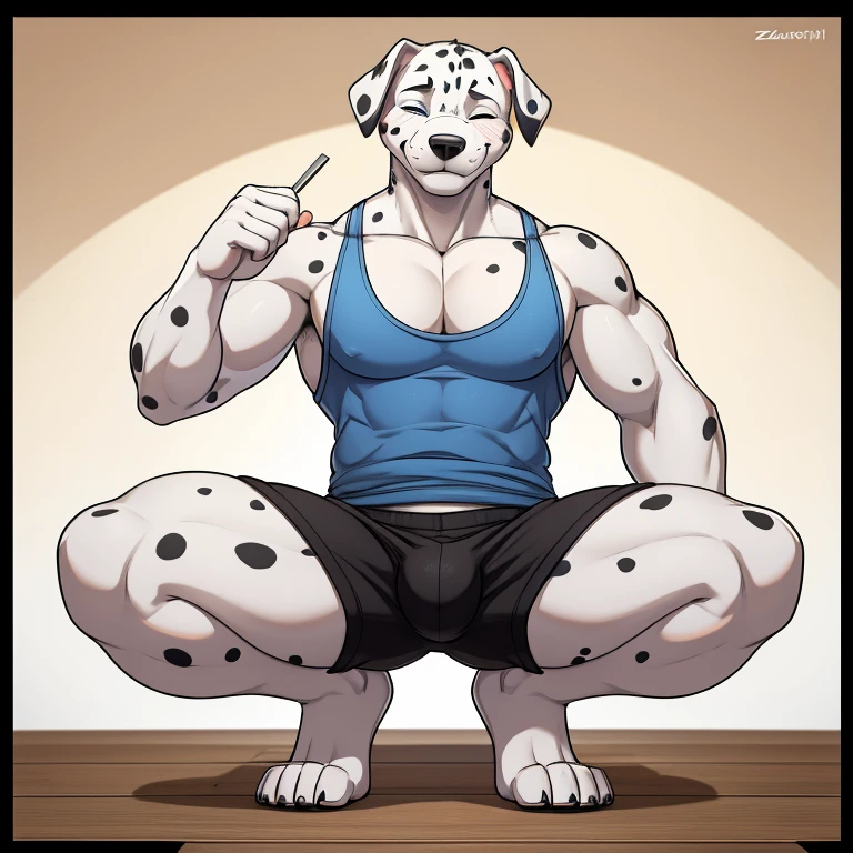 torahiko, solo, blue eyes, muscular, Dalmatian tail, bara, (pose:1.3), (posing:1.3), (soft shading), 4k, hi res, five fingers, detailed hands, ((detailed face, (detailed eyes:1.0), detailed)), (full body), by zackarry911, by zaush, (by personalami:0.5), solo, looking at viewer, smile, short hair, 1boy, male focus, thighs, one eye closed, shorts, feet out of frame, thick thighs, tank top, black shorts, eating feet, squatting, bulge, pectoral cleavage, sidepec
INFO
Size
2272X4096
Date
Sep 30, 2023
Mode