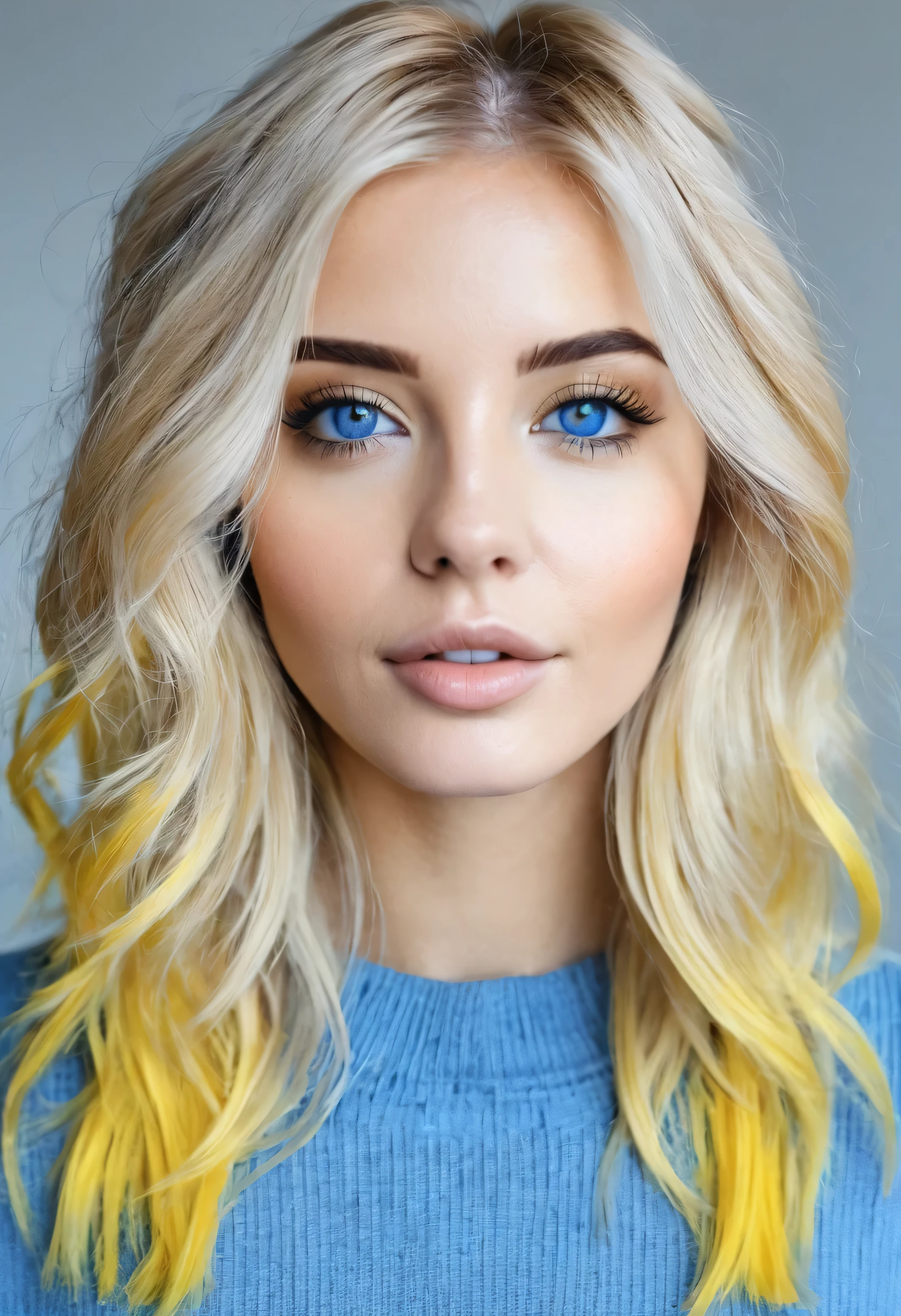 una chica de cabello rubio amarillo , ojos de color azul, cabello corto, piel delicada, un color mas claro en rubio