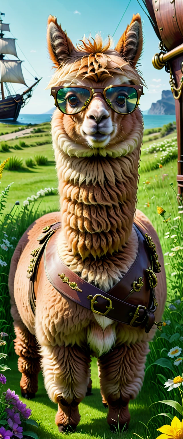 ((an alpaca, pirate of a ship, looking through spyglasses:1.5)), ((heat, hot day, green grass, wild flowers:1.5)), realistic:1.3,( photorealistic, 8k, RAW photos, Premium quality, masterpiece, epic lighting, Centered image), (wide shot), full body shot, 32k