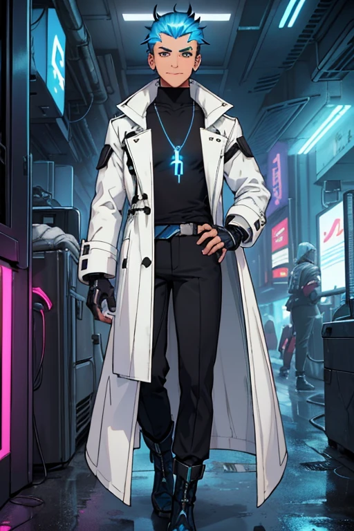 male, brownish tan short hair, blue eyes, (((1boy))), (((white cyberpunk coat with blue trim))), (black long sleeve v-neck t-shirt), (necklace with dragon head pendant), (black pants with blue trim), (black white cybernetic boots), (black fingerless gloves), long legs, smiling, single person