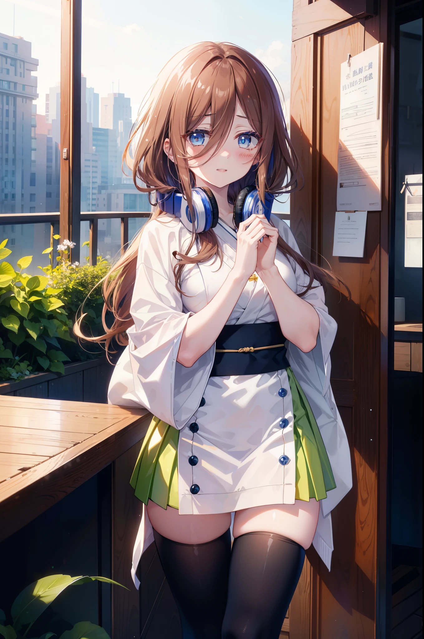 Miku Nakano, Miku Nakano, Long Hair, bangs, blue eyes, brown hair, shirt, Hair between the eyes, Long Hair,happy smile, smile, Open your mouth,blush,Idol-style white kimono,long furisode,White mini cucumber,White tights,Zori sandals,tray, tray in one hand,A beautiful waitress with Long Hair comes to the table to take our order,As if your whole body is in the illustration,Maid Headless,
break looking at viewer, (Cowboy Shot:1. 5)
break indoors, coffee shop, 
break (masterpiece:1.2), highest quality, High resolution, unity 8k wallpaper, (shape:0.8), (Fine and beautiful eyes:1.6), Highly detailed face, Perfect lighting, Highly detailed CG, (Perfect hands, Perfect Anatomy),