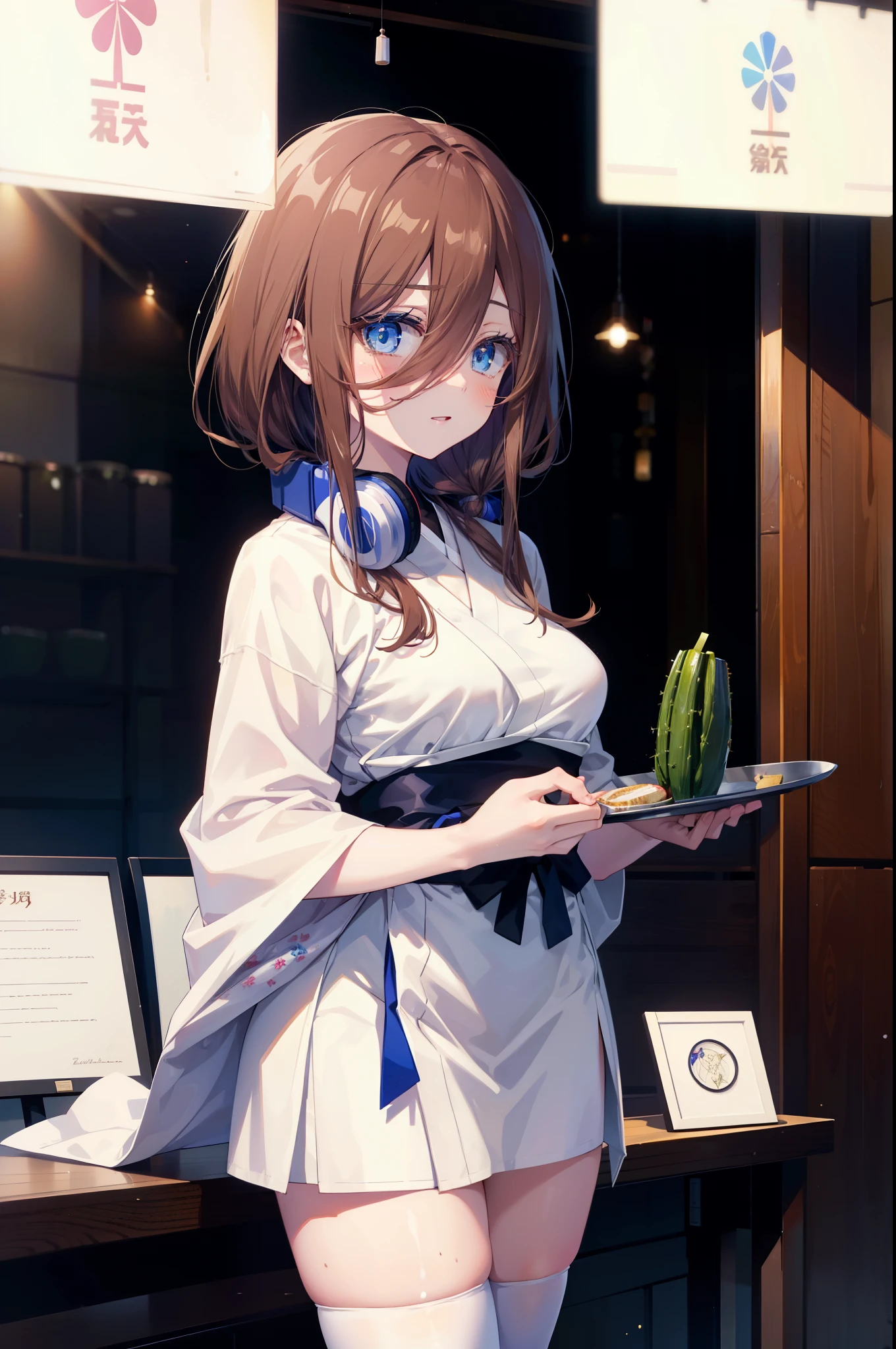 Miku Nakano, Miku Nakano, Long Hair, bangs, blue eyes, brown hair, shirt, Hair between the eyes, Long Hair,happy smile, smile, Open your mouth,blush,Idol-style white kimono,long furisode,White mini cucumber,White tights,Zori sandals,tray, tray in one hand,A beautiful waitress with Long Hair comes to the table to take our order,As if your whole body is in the illustration,Maid Headless,
break looking at viewer, (Cowboy Shot:1. 5)
break indoors, coffee shop,
break (masterpiece:1.2), highest quality, High resolution, unity 8k wallpaper, (shape:0.8), (Fine and beautiful eyes:1.6), Highly detailed face, Perfect lighting, Highly detailed CG, (Perfect hands, Perfect Anatomy),
