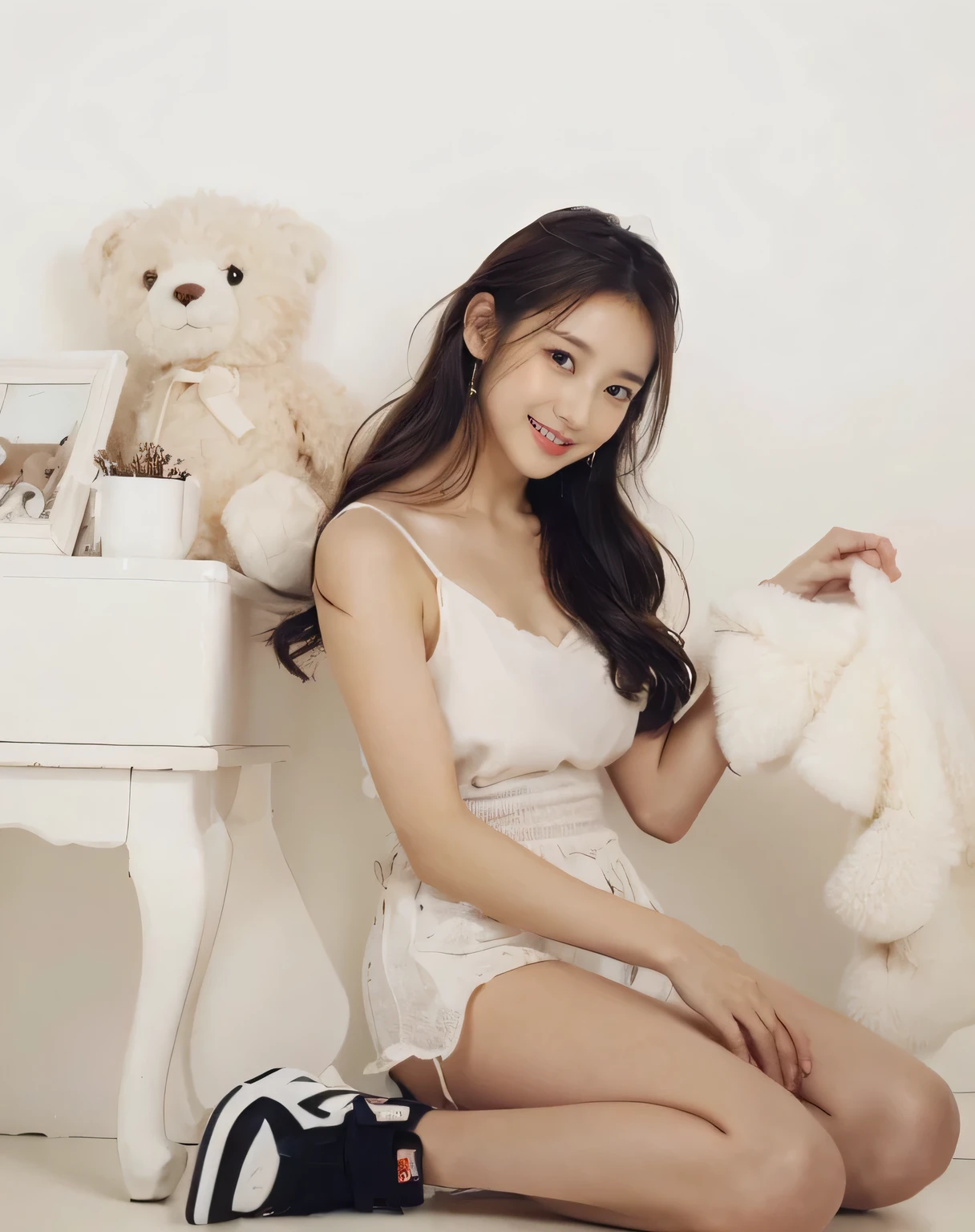 (on the table, best quality, Realistically, Ultra Detailed, meticulous, high resolution, 8k wallpaper), Close-up portrait of a beautiful woman, like, Smile, Light brown messy hair, Perfect dynamic composition, beautiful meticulous eyes, Just like the cover of a fashion magazine, On Campus