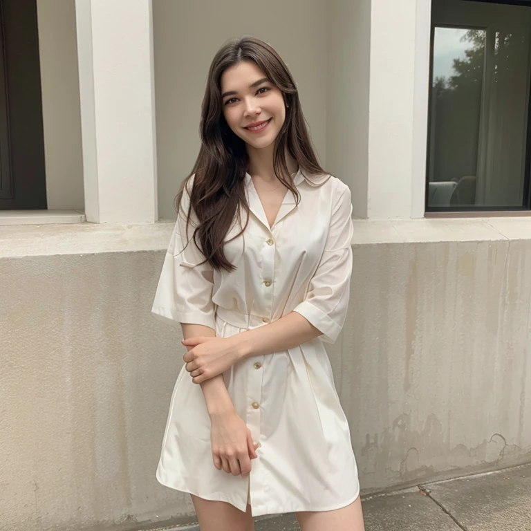 A young Caucasian woman in her twenties with slightly wavy, shoulder-length brown hair is standing in her modern living room. She wears an elegant white cotton dress with puffed sleeves and a V-neck, falling to her knees. The dress is fitted at the waist, highlighting her figure, and finishes with a slightly flared hem, adding a touch of lightness to her look. Her hair is left natural, falling gently over her shoulders, framing her delicately featured face. She holds her smartphone with one hand in front of a large wall mirror, capturing a photo of herself with a sweet, confident smile. The living room is spacious and bright, with modern and stylish furniture, including a light gray sofa with cushions in different textures and colors. A light wood coffee table, a few stacked books, and a potted green plant add touches of life and comfort. A large window lets in natural light, illuminating the scene with soft, warm light. In the background, a beige rug and light white linen curtains accentuate the contemporary and airy atmosphere of the room.