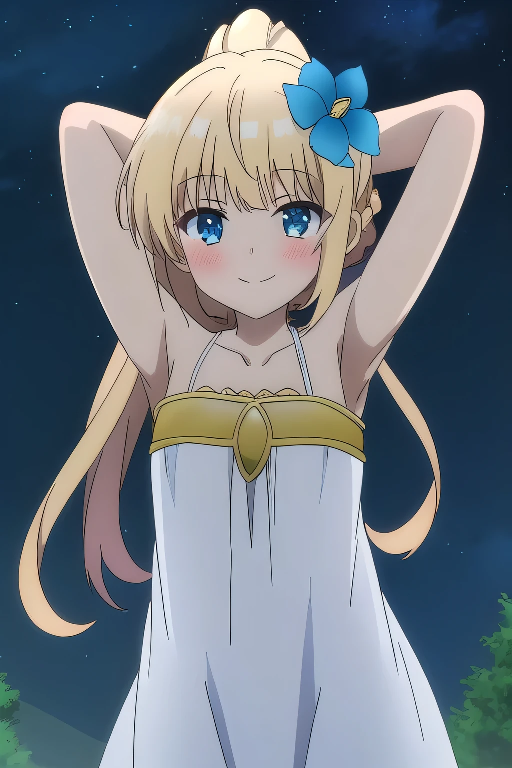 sora, anime art style, 1girl, solo, blush, bangs, blue_eyes, blonde_hair, hair_ornament, dress, bare_shoulders, collarbone, shy, ponytail, braid, flower, blushing, hair_flower, white_dress, blue_flower, solo, night sky, forest, arms behind head, looking at viewer, contrapposto, spread armpits, closed mouth, smile, (cowboy shot:1.5)