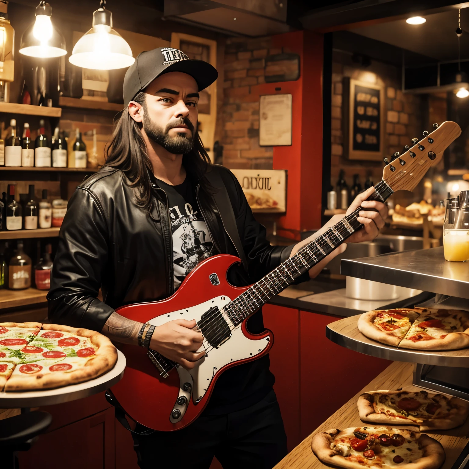 A french bulldog make it a show in his pizza store whit the stoner rock band "El culto del ojo rojo"
