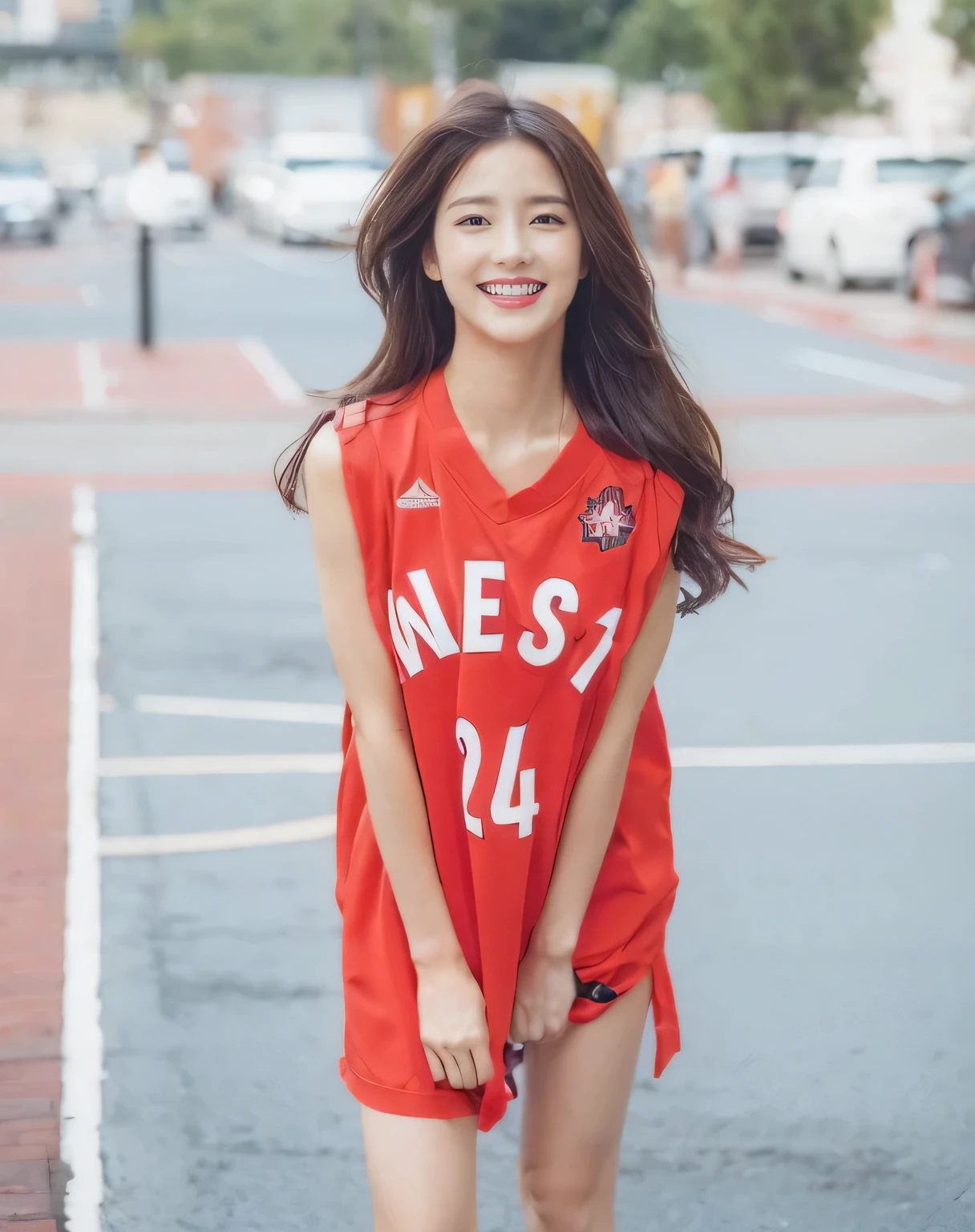 (on the table, best quality, Realistically, Ultra Detailed, meticulous, high resolution, 8k wallpaper), Close-up portrait of a beautiful woman, like, Smile, Light brown messy hair, Perfect dynamic composition, beautiful meticulous eyes, Just like the cover of a fashion magazine, On Campus